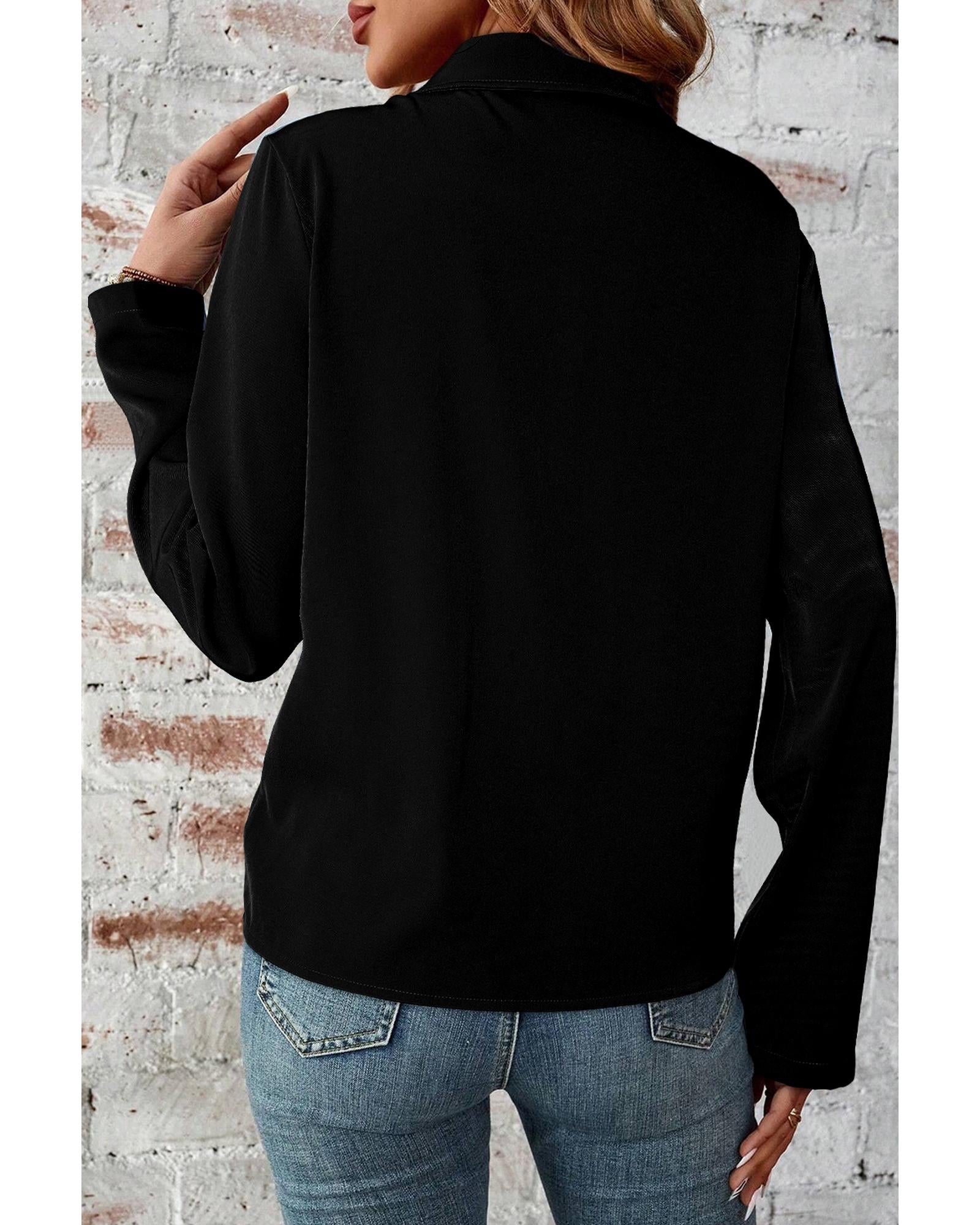 Black Collar Tab Sleeve Zip Up Flap Detail Jacket - M