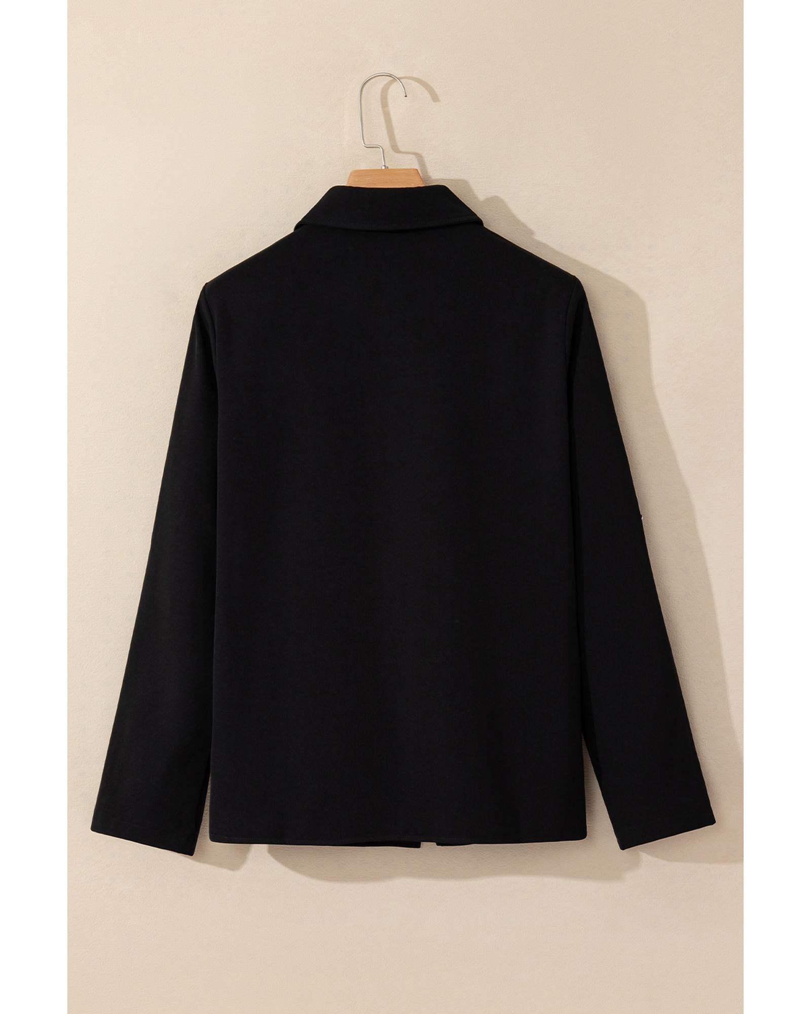Black Collar Tab Sleeve Zip Up Flap Detail Jacket - M