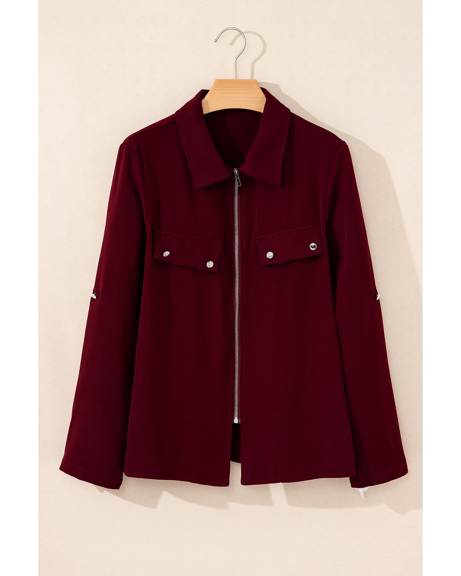 Red Dahlia Collar Tab Sleeve Zip Up Flap Detail Jacket - L