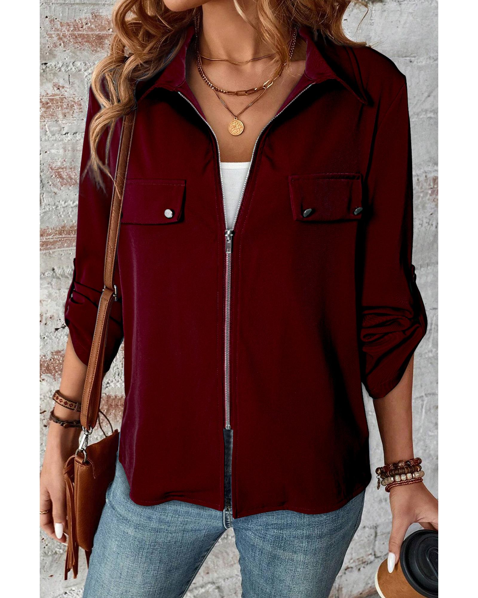 Red Dahlia Collar Tab Sleeve Zip Up Flap Detail Jacket - L
