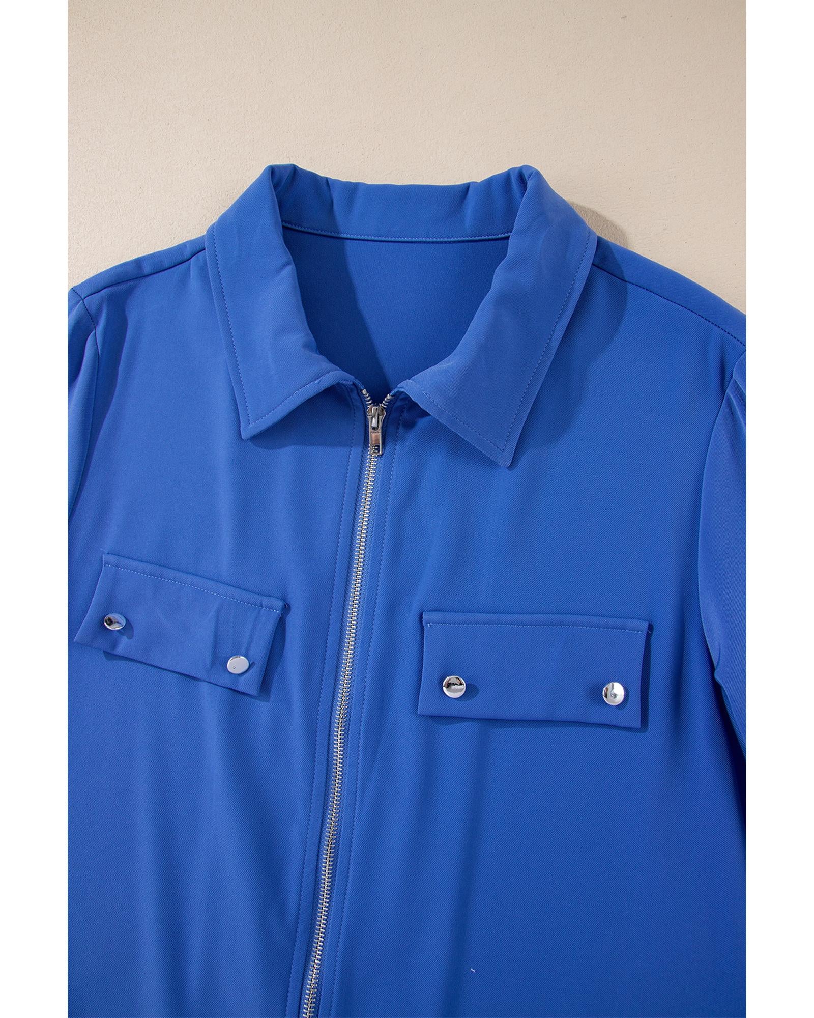 Dusk Blue Collar Tab Sleeve Zip Up Flap Detail Jacket - M