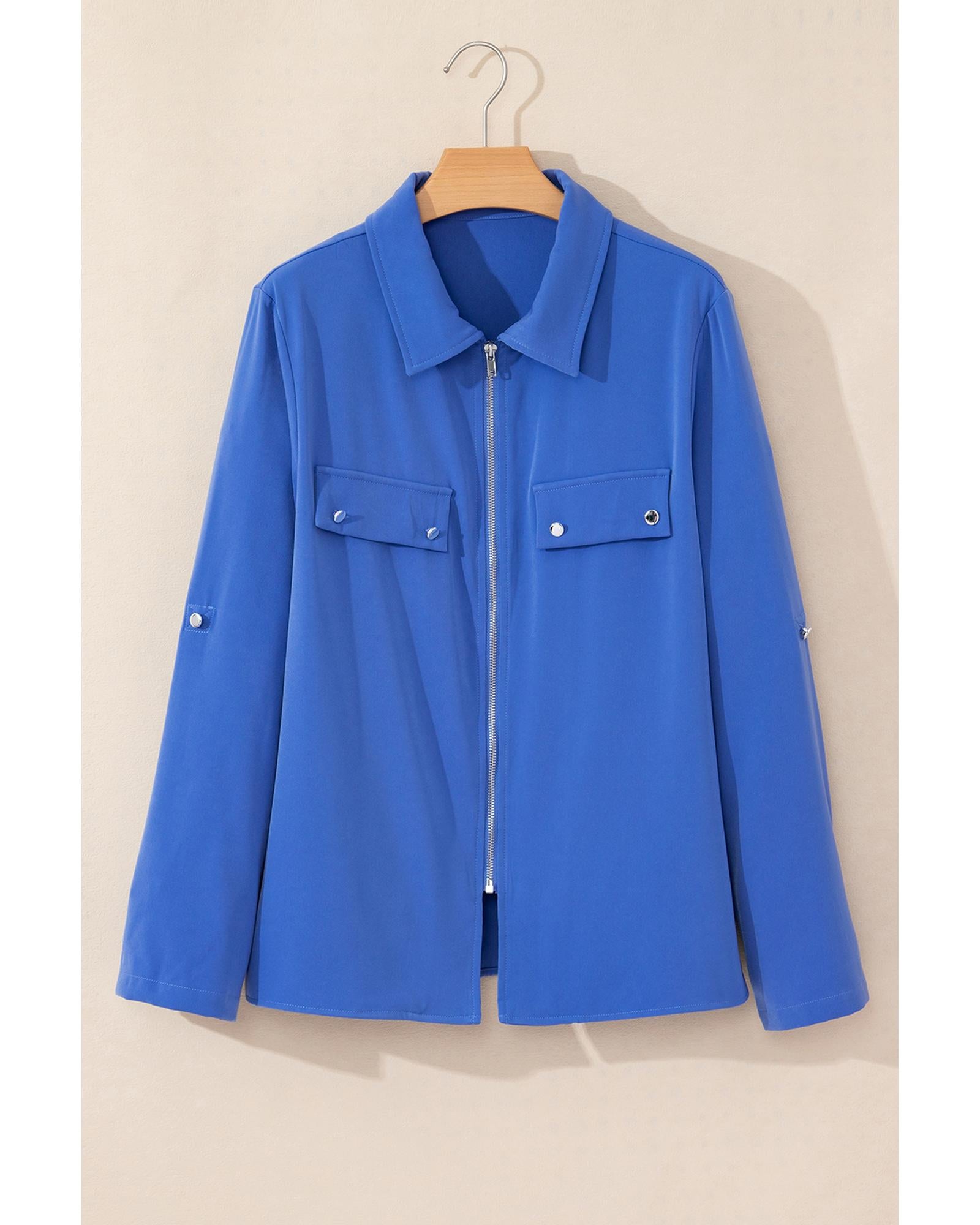 Dusk Blue Collar Tab Sleeve Zip Up Flap Detail Jacket - M