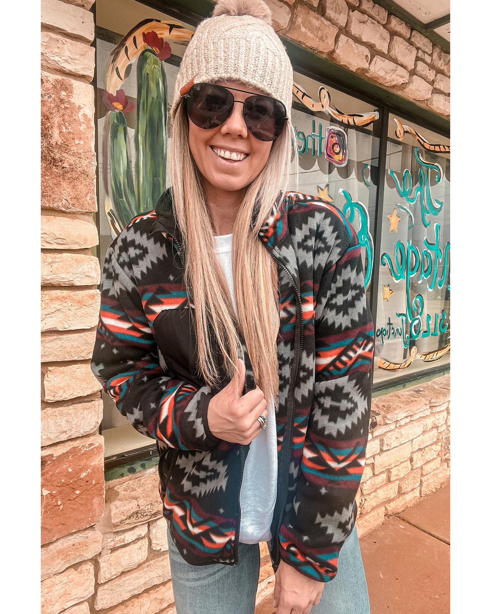 Black Aztec Printed Zip Up Collar Jacket - M