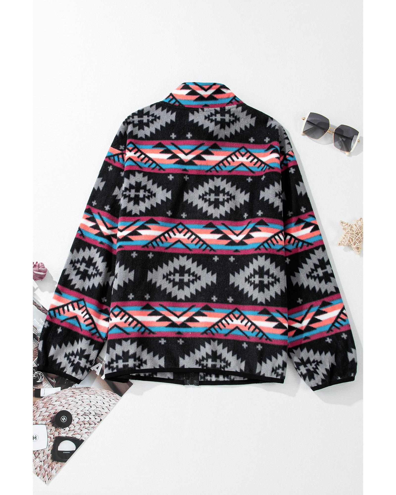 Black Aztec Printed Zip Up Collar Jacket - M
