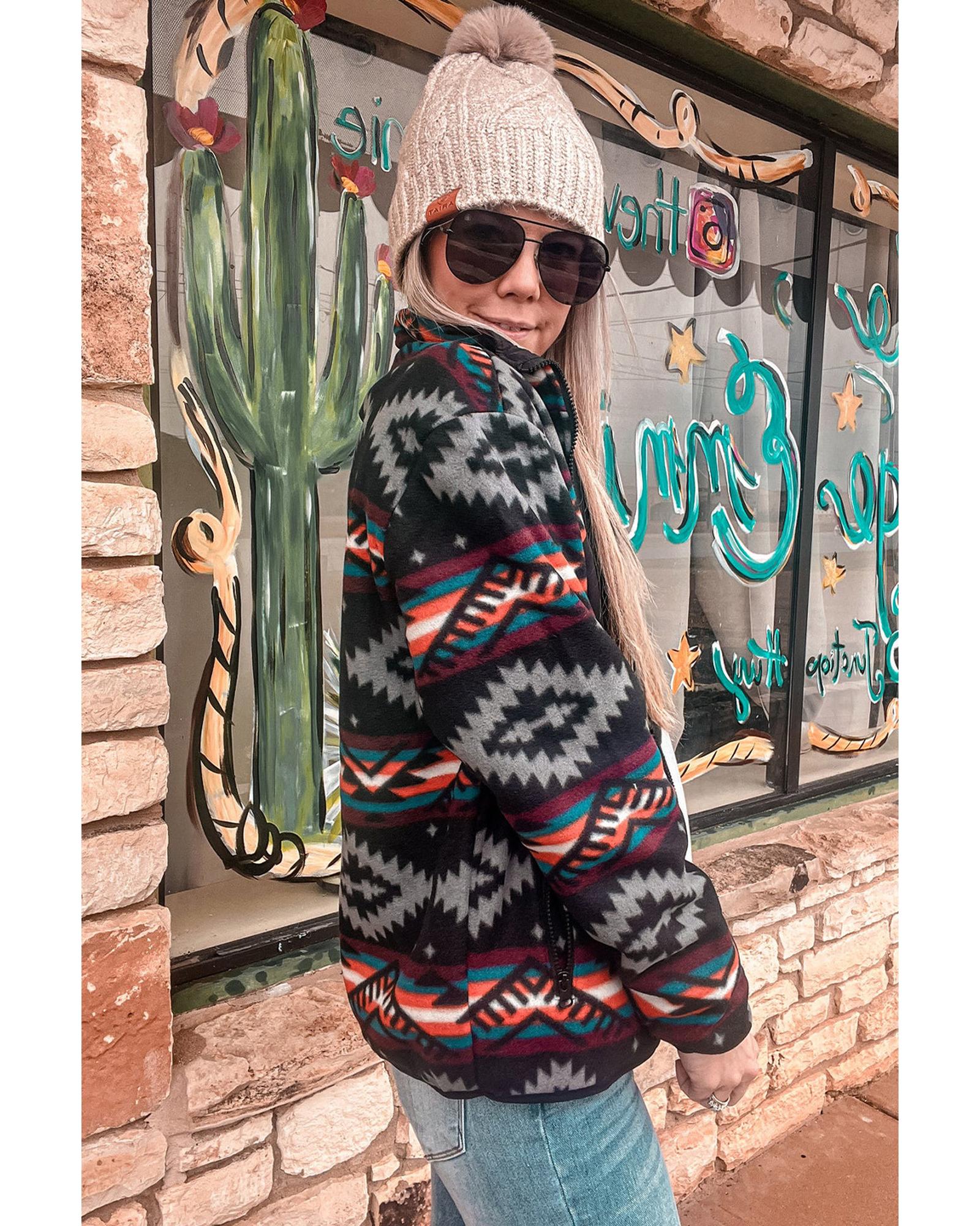 Black Aztec Printed Zip Up Collar Jacket - M