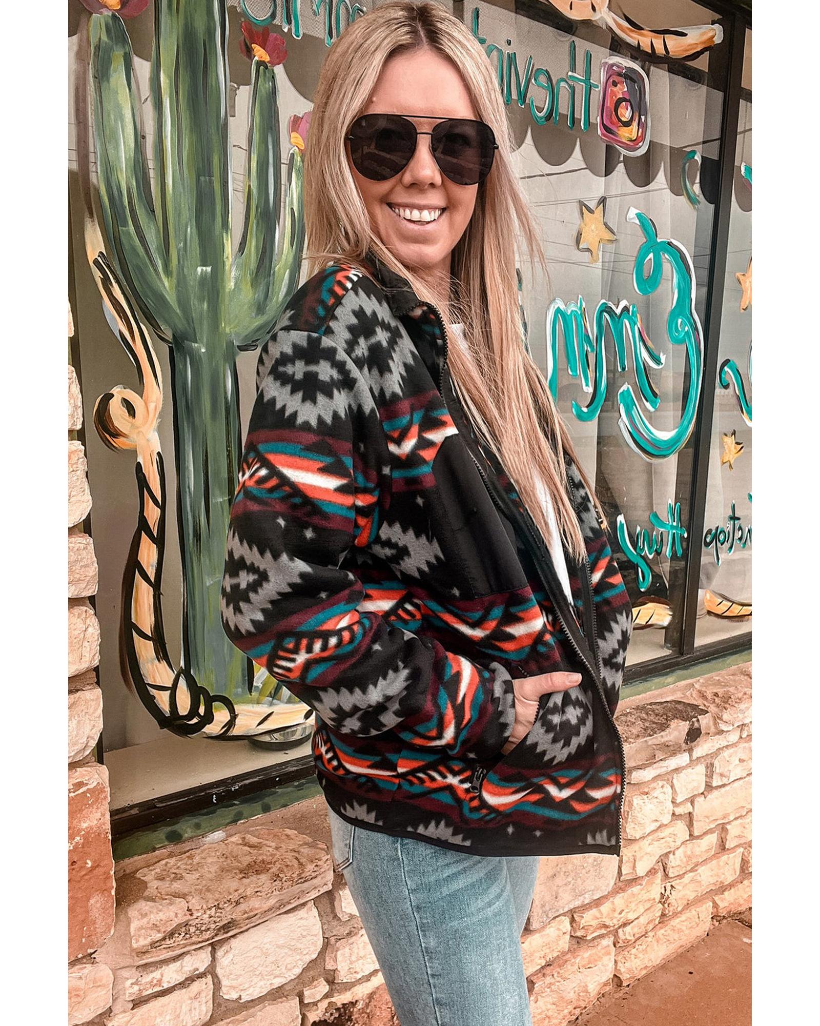 Black Aztec Printed Zip Up Collar Jacket - M