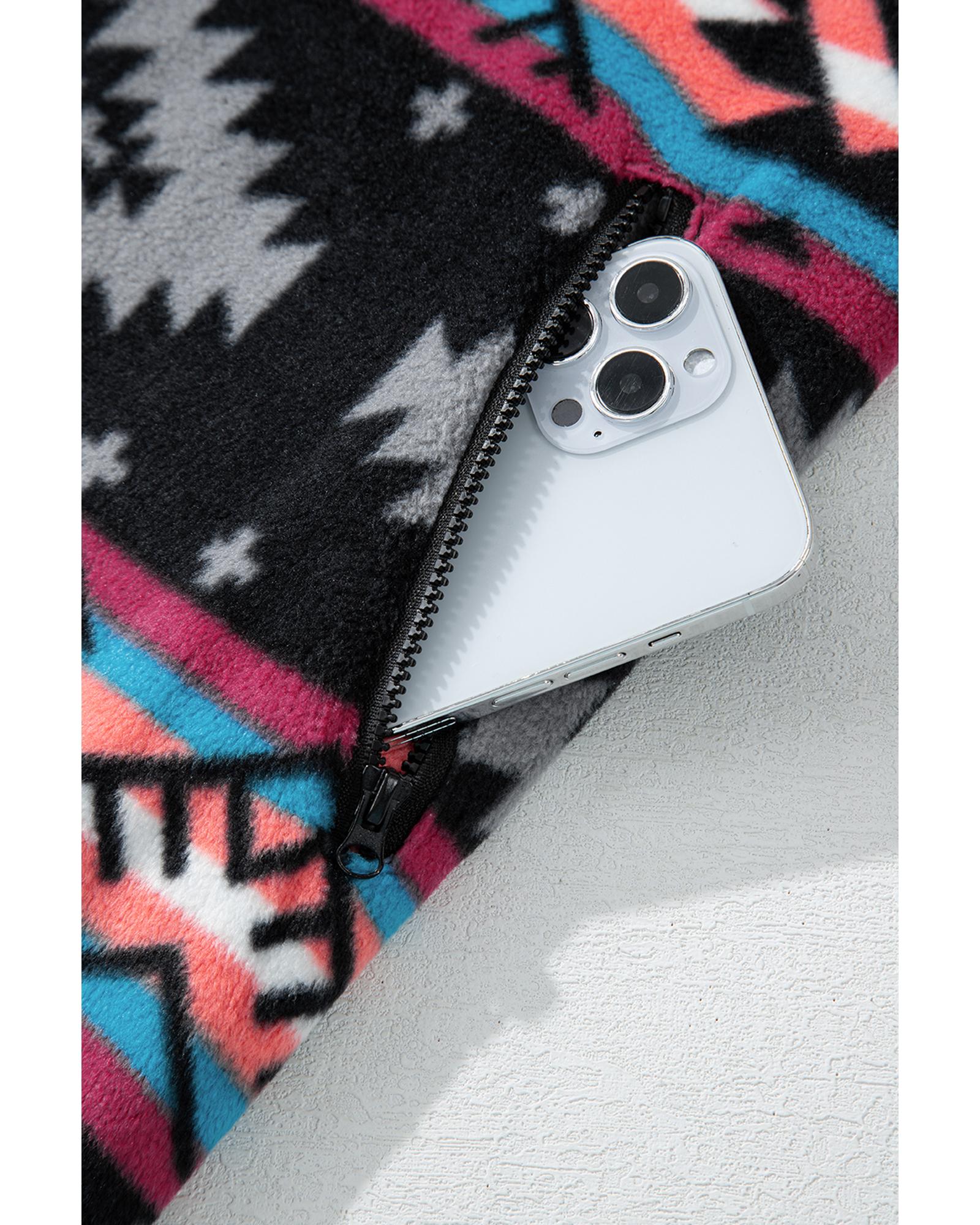 Black Aztec Printed Zip Up Collar Jacket - M