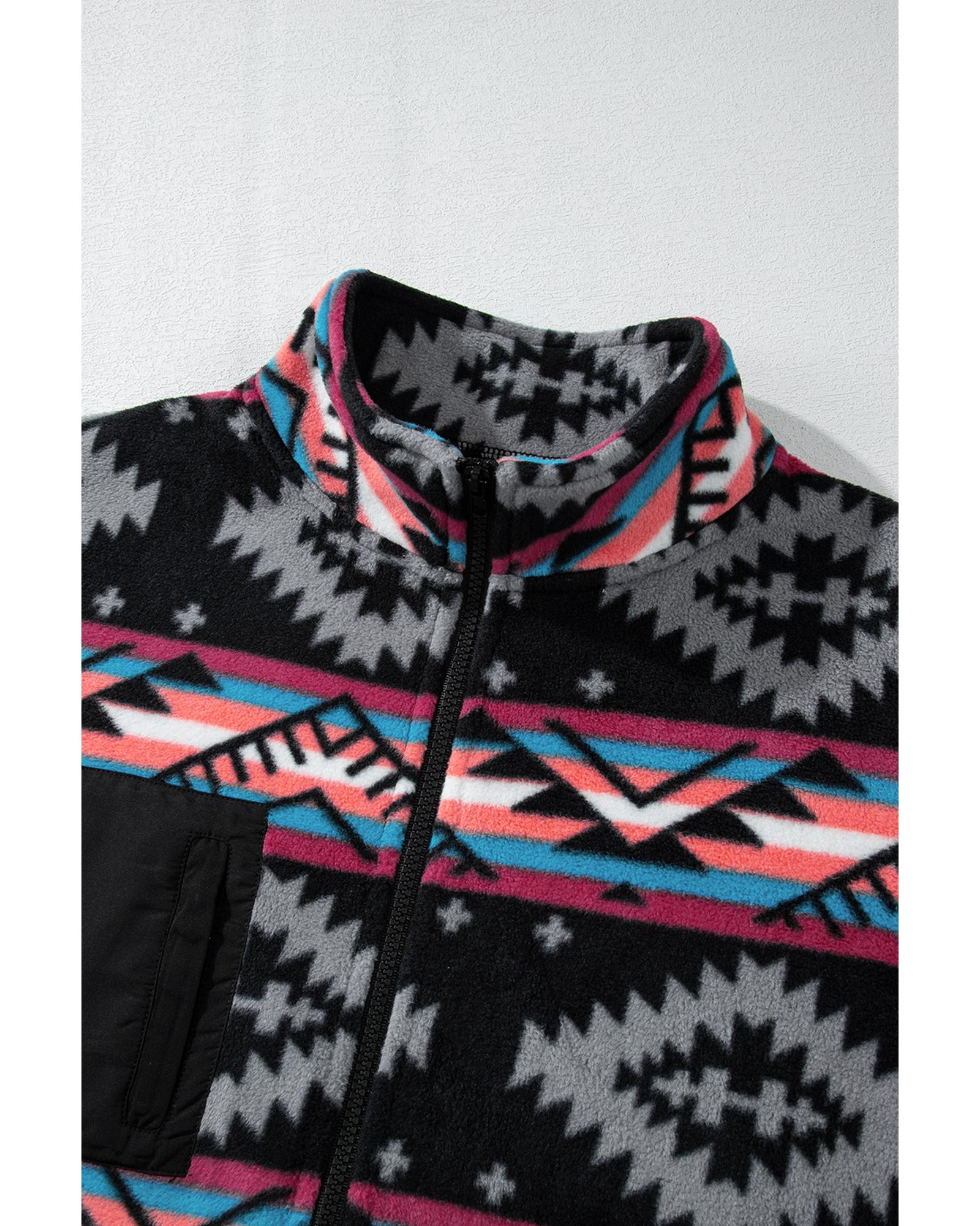 Black Aztec Printed Zip Up Collar Jacket - S