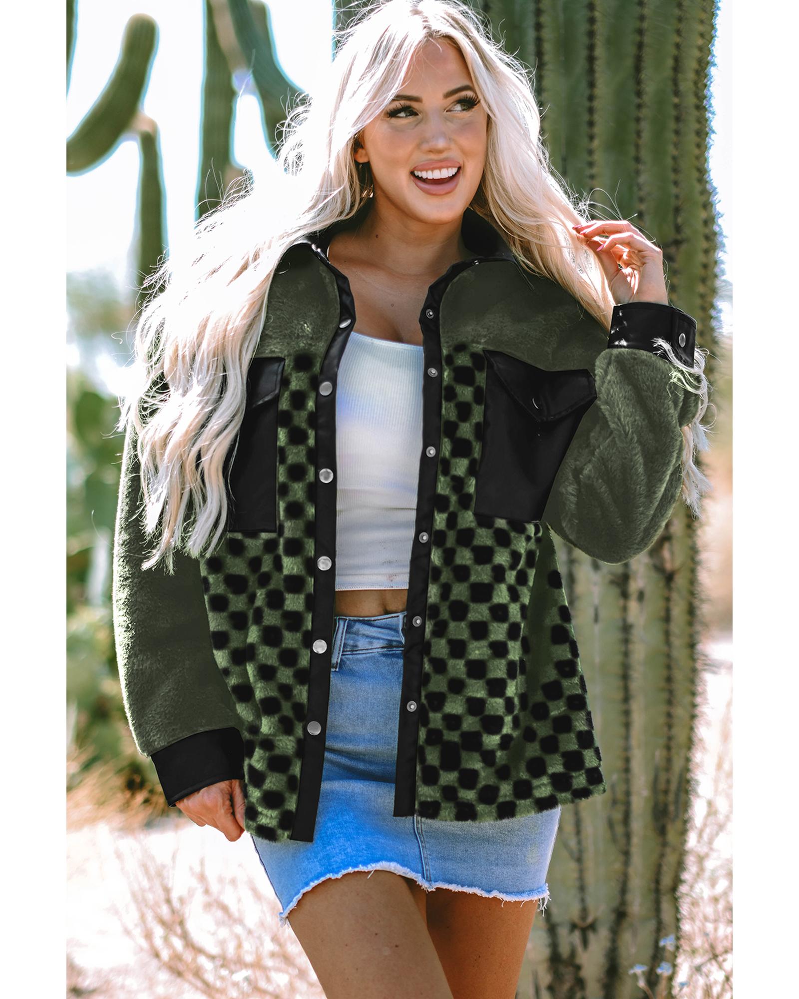 Vineyard Green Fleece Checkerboard Flap Pocket Snap Button Jacket - 2XL