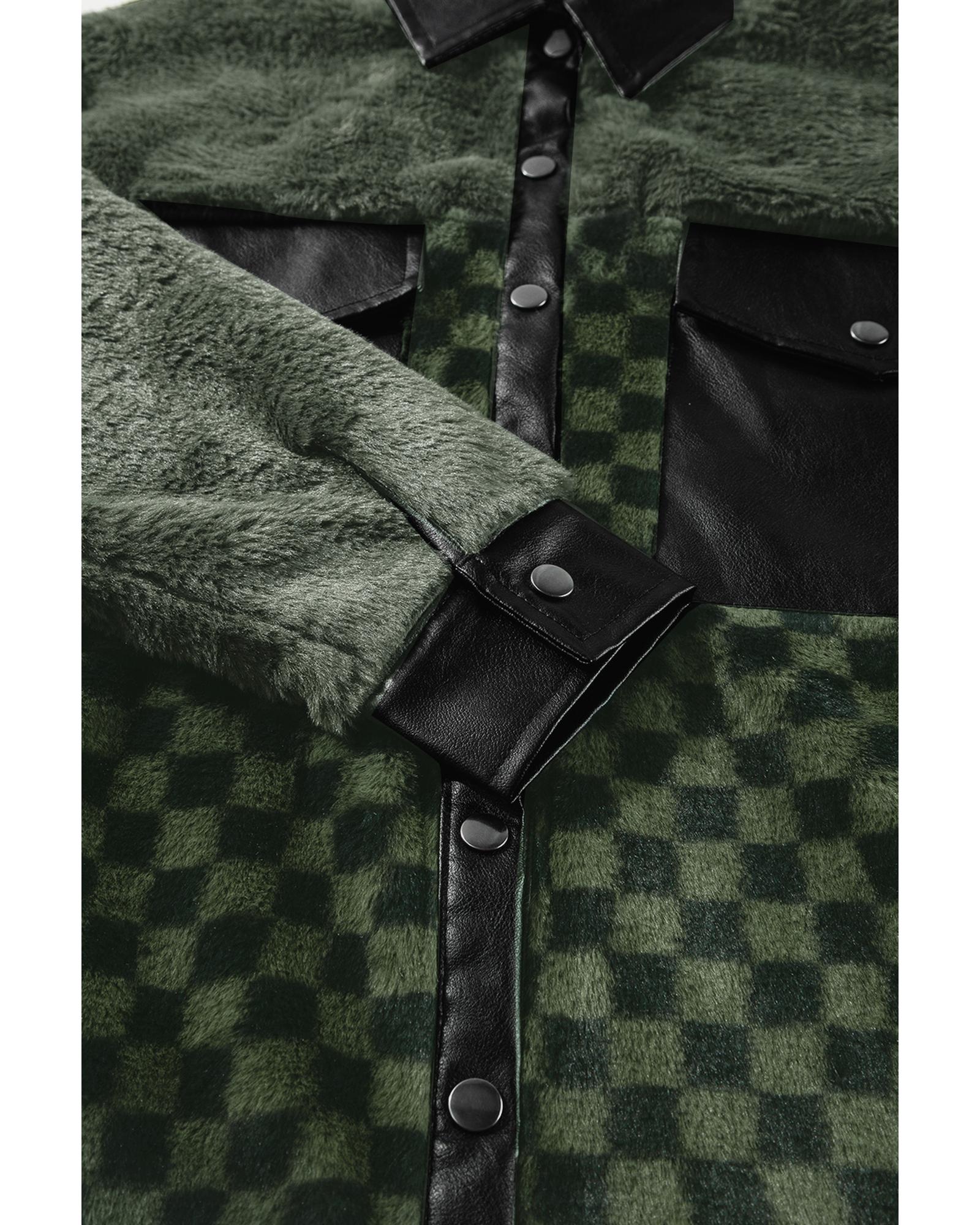 Vineyard Green Fleece Checkerboard Flap Pocket Snap Button Jacket - 2XL