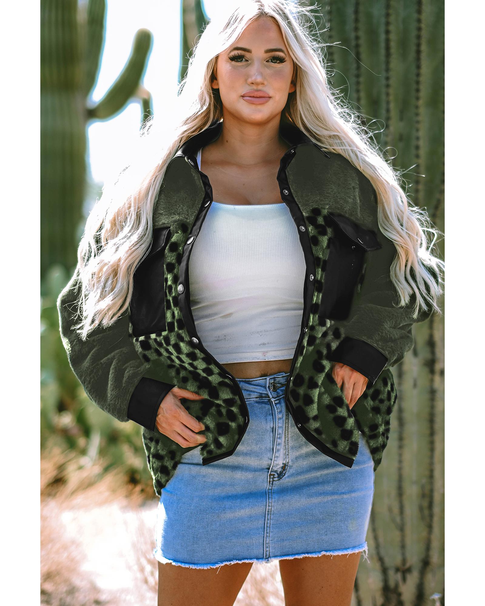 Vineyard Green Fleece Checkerboard Flap Pocket Snap Button Jacket - XL