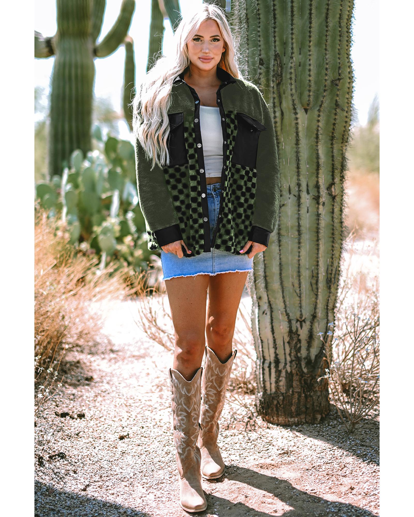 Vineyard Green Fleece Checkerboard Flap Pocket Snap Button Jacket - XL