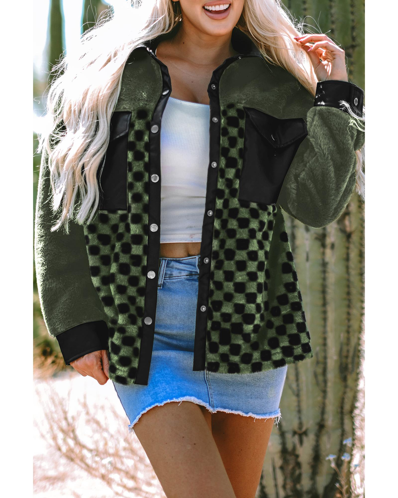 Vineyard Green Fleece Checkerboard Flap Pocket Snap Button Jacket - XL