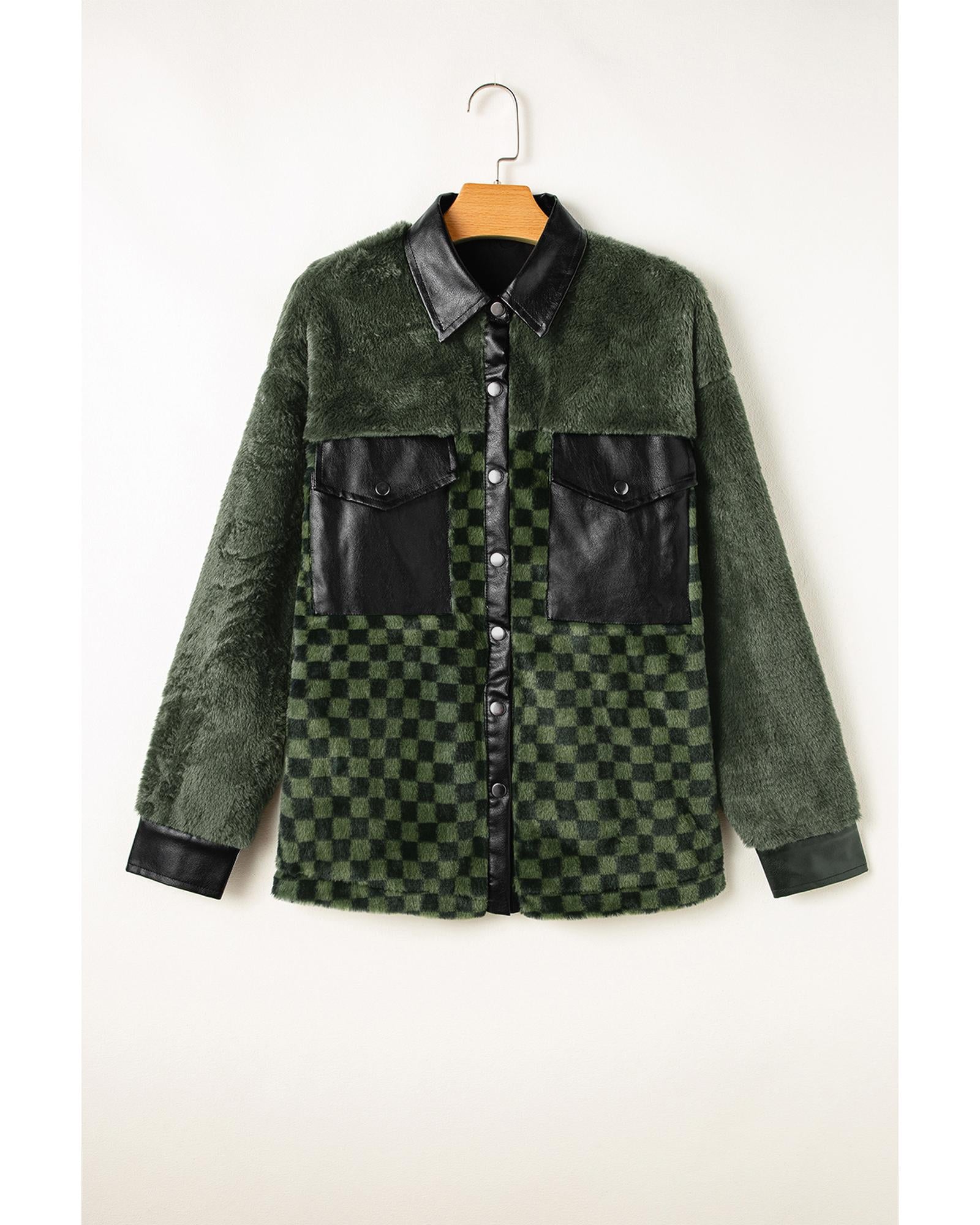 Vineyard Green Fleece Checkerboard Flap Pocket Snap Button Jacket - XL