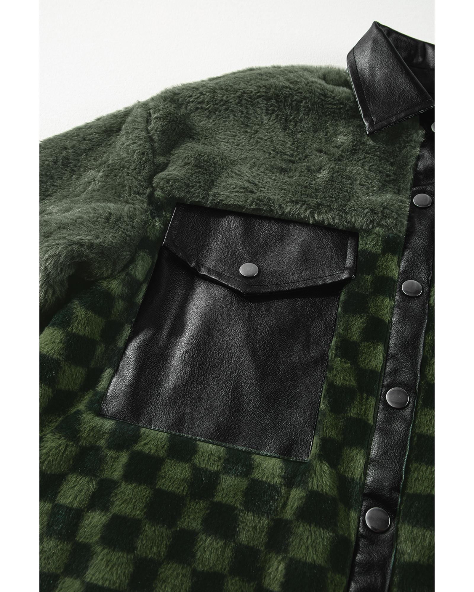 Vineyard Green Fleece Checkerboard Flap Pocket Snap Button Jacket - XL