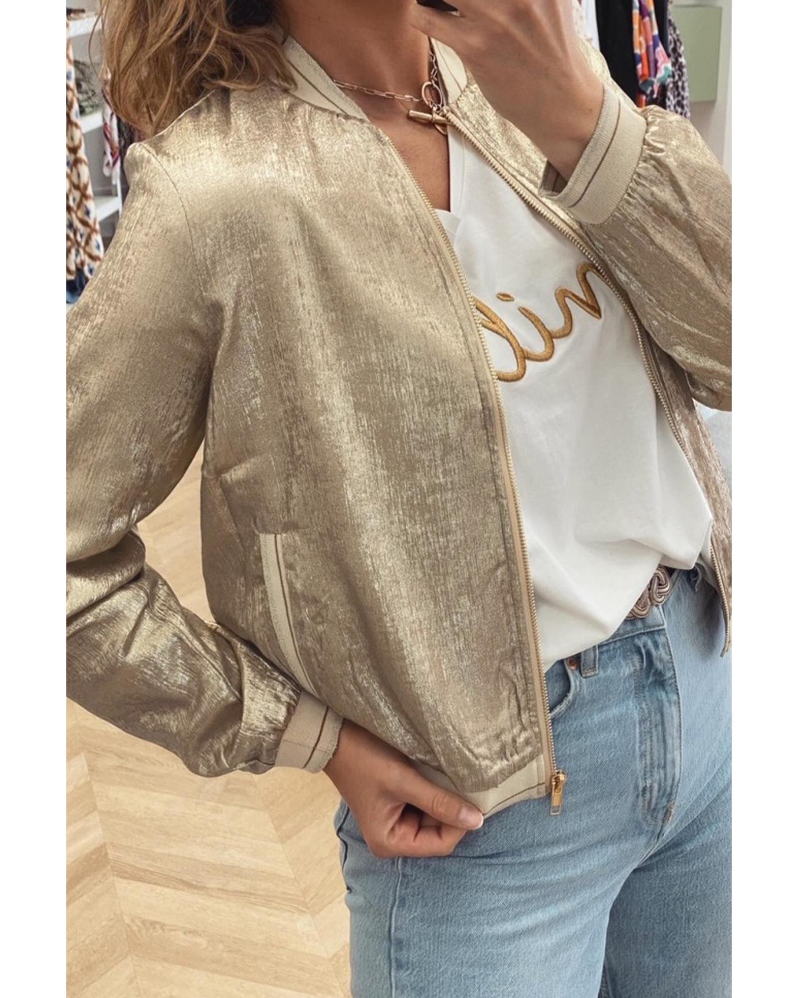 Pale Khaki Metallic Zip up Baseball Jacket - S