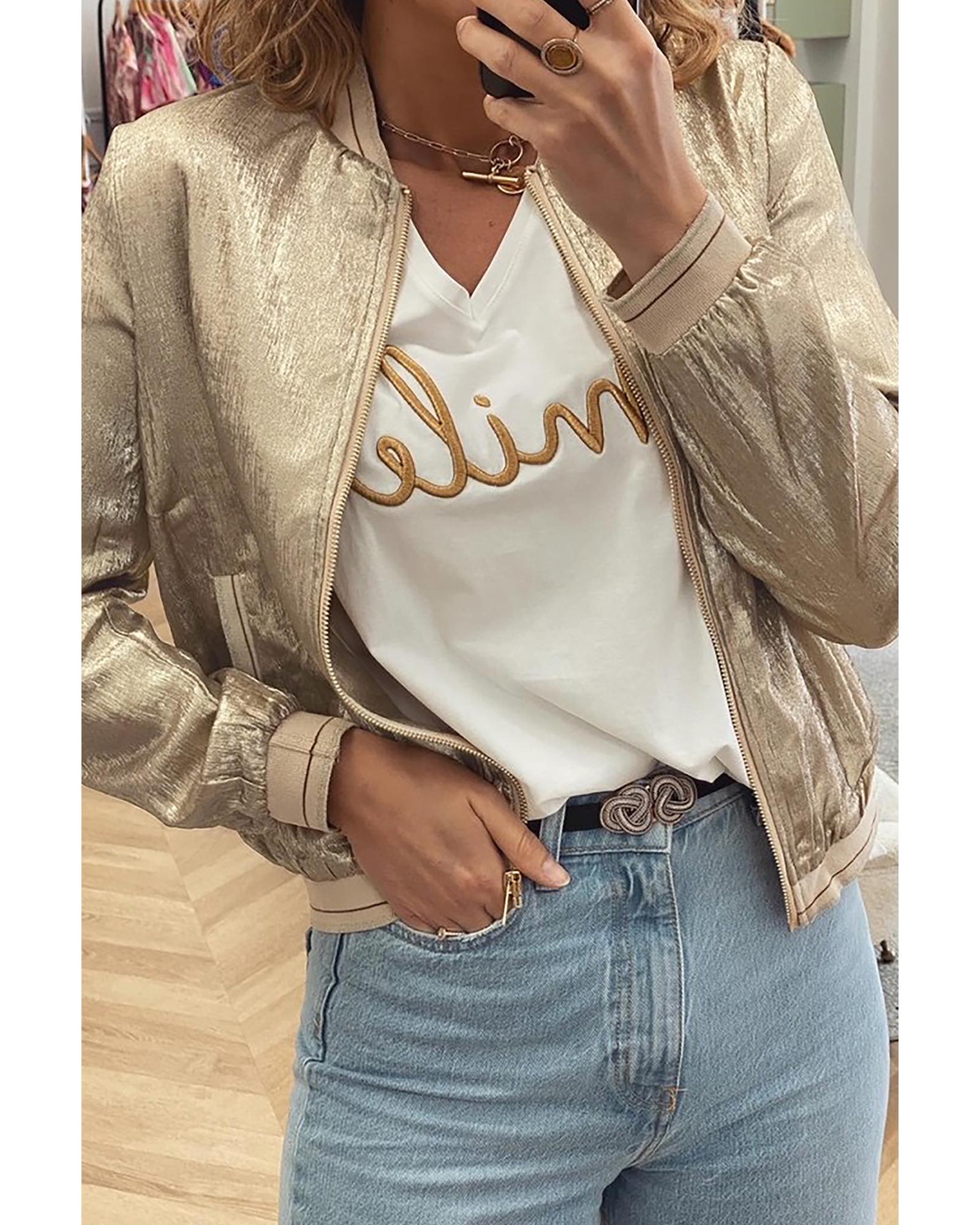 Pale Khaki Metallic Zip up Baseball Jacket - S
