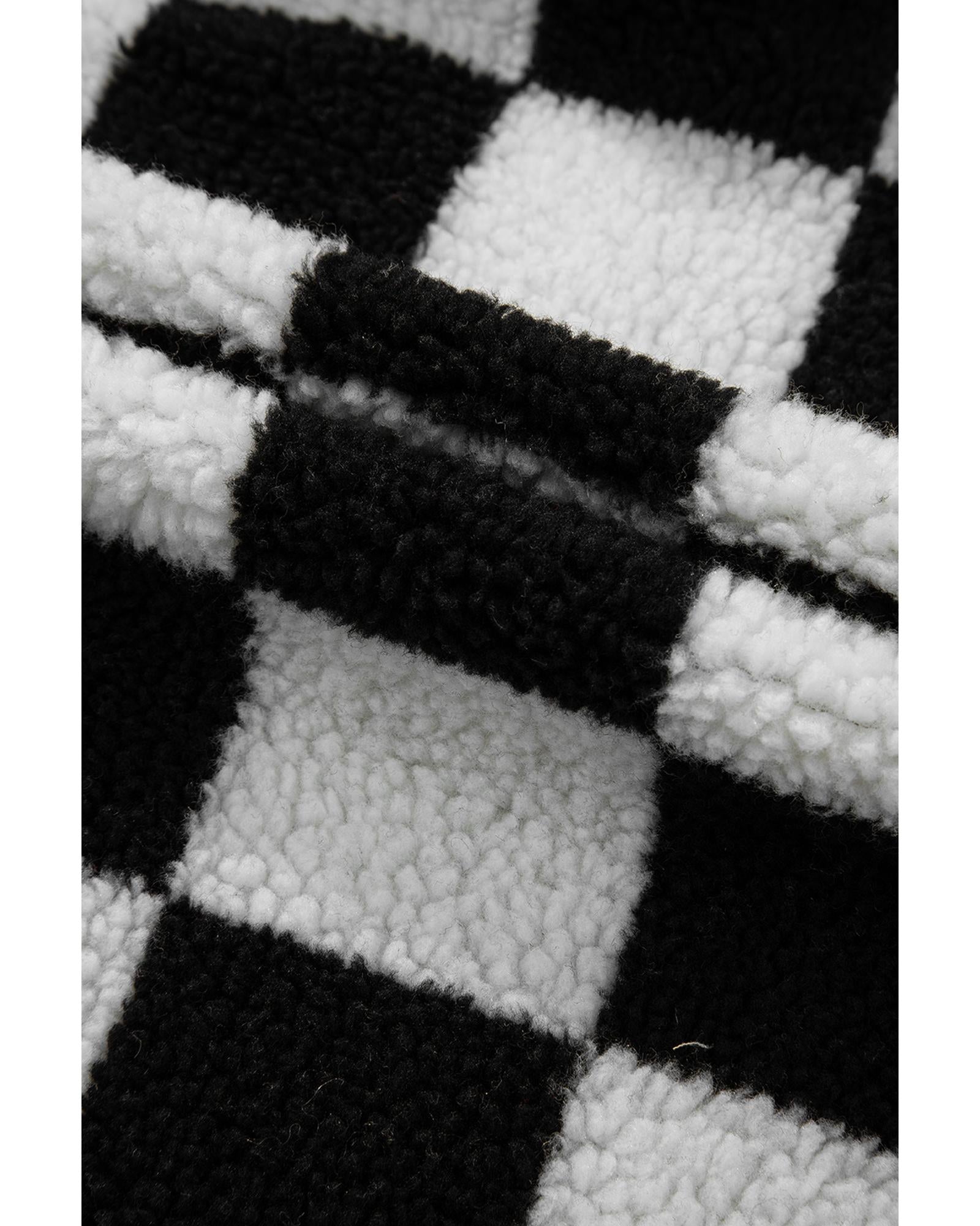 Black Checkered Side Pockets Collared Buttoned Fleece Jacket - 2XL