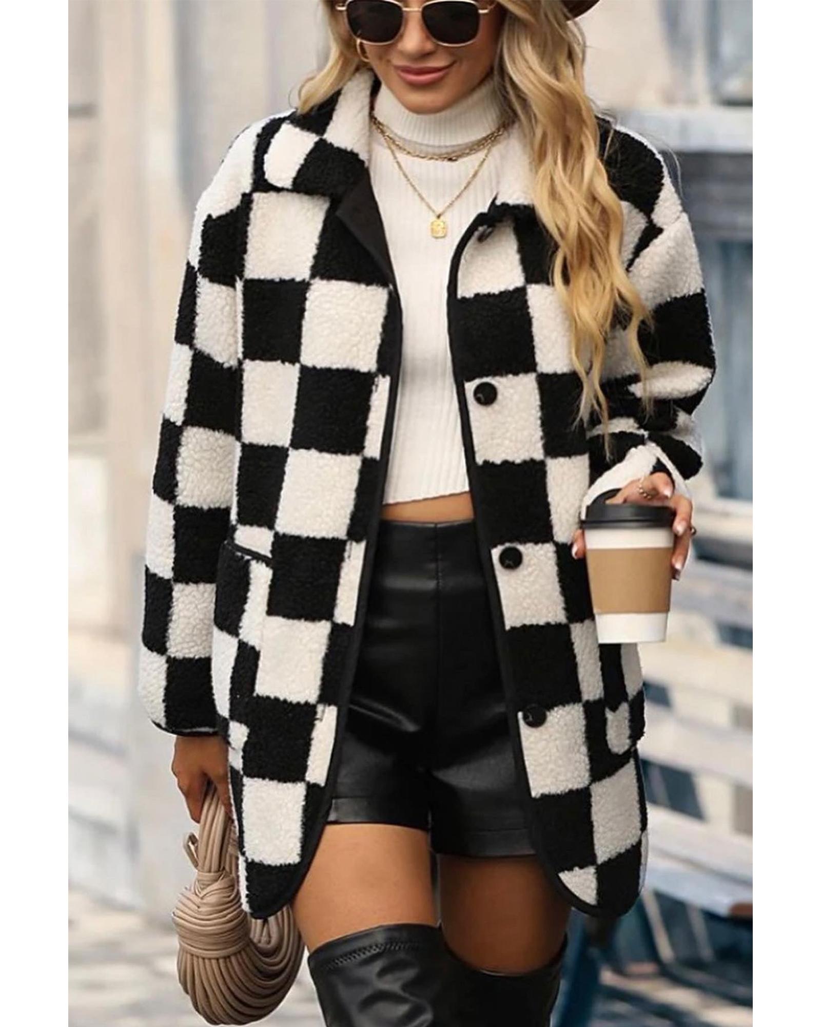 Black Checkered Side Pockets Collared Buttoned Fleece Jacket - 2XL