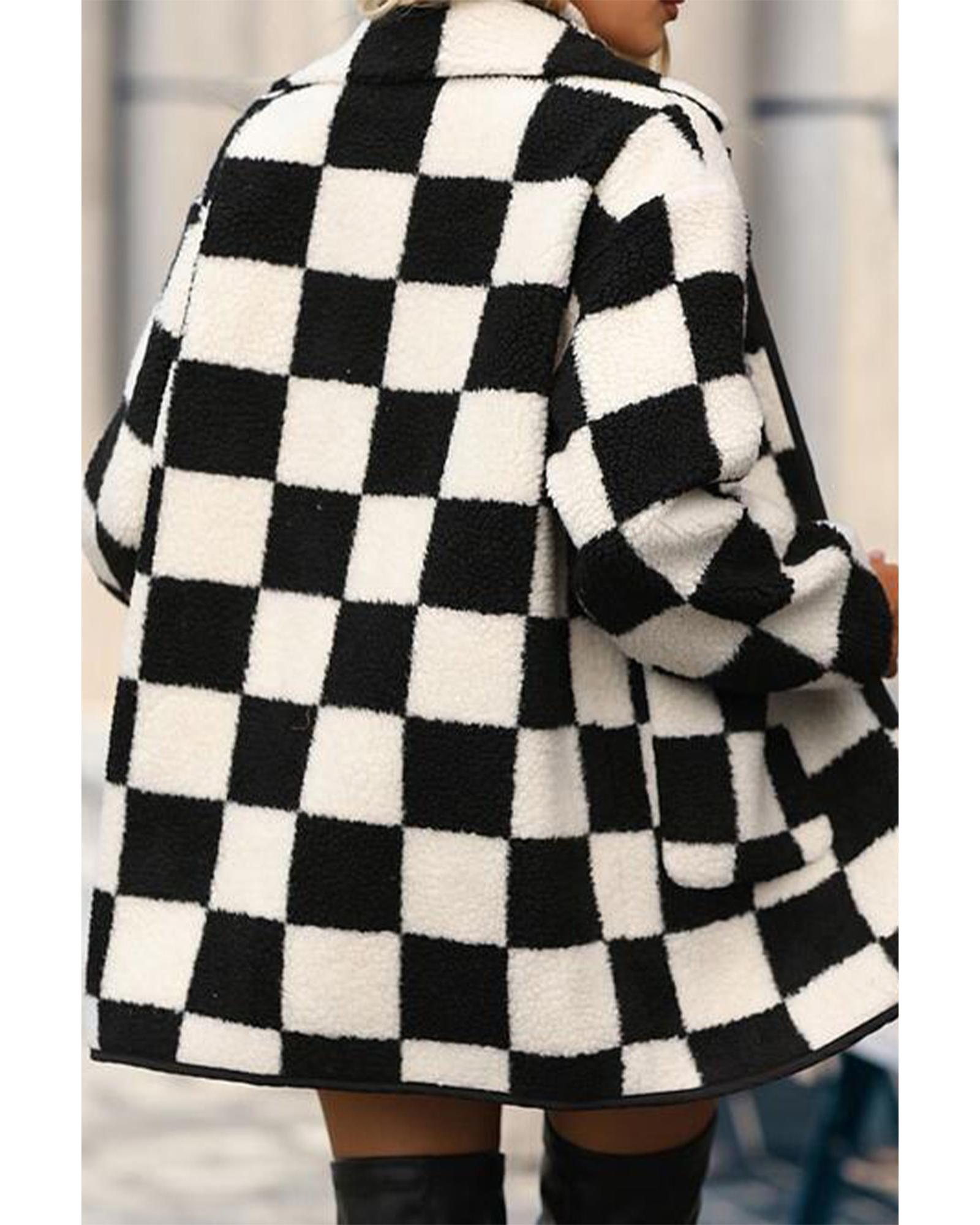 Black Checkered Side Pockets Collared Buttoned Fleece Jacket - M
