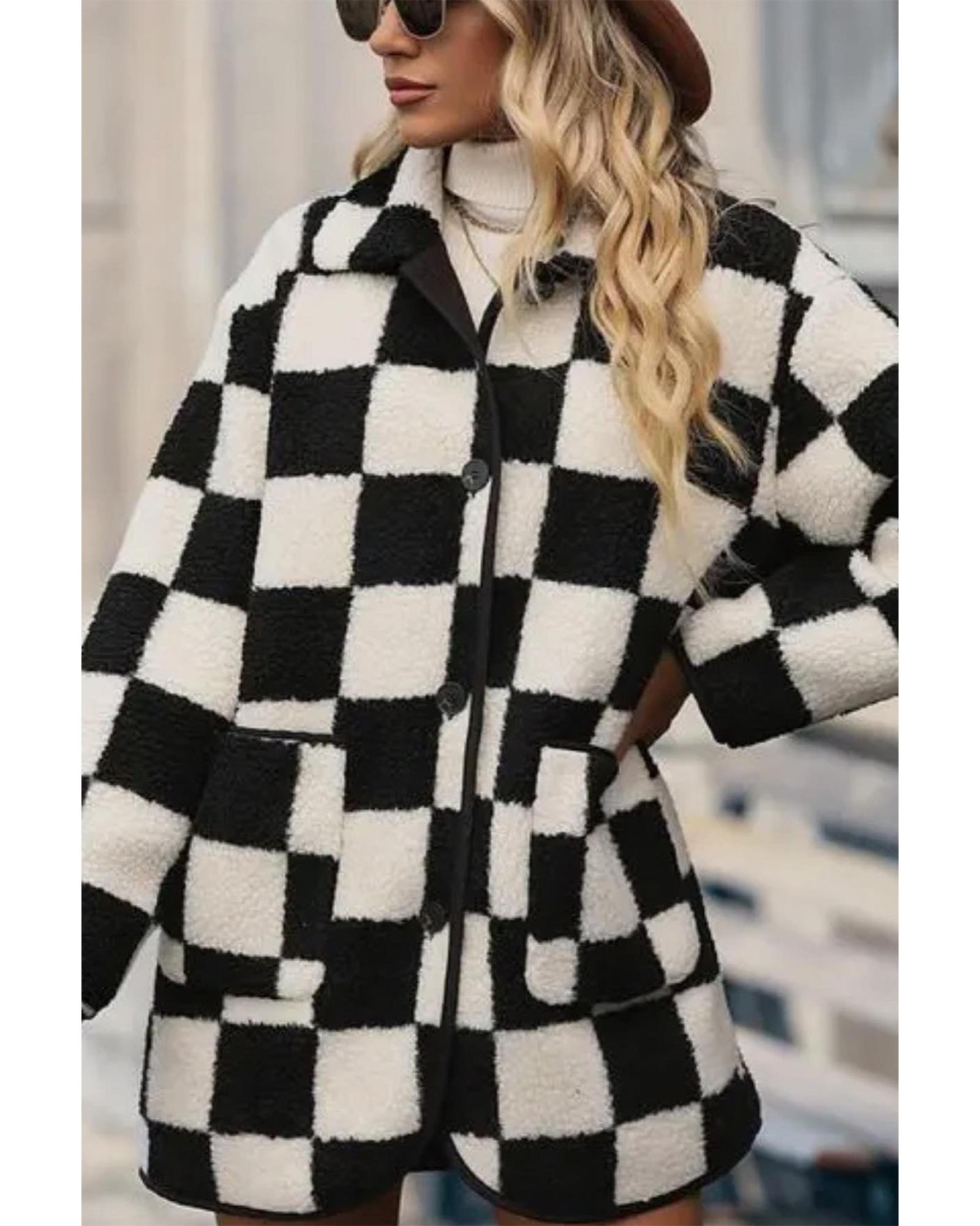 Black Checkered Side Pockets Collared Buttoned Fleece Jacket - S
