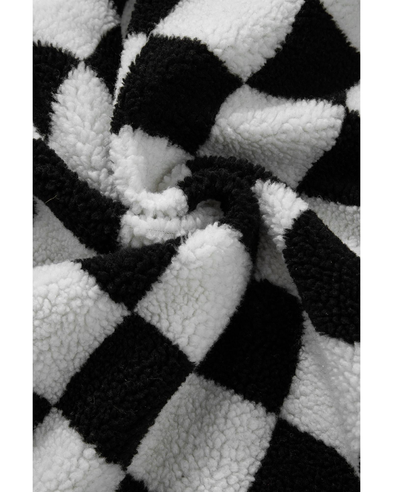 Black Checkered Side Pockets Collared Buttoned Fleece Jacket - S