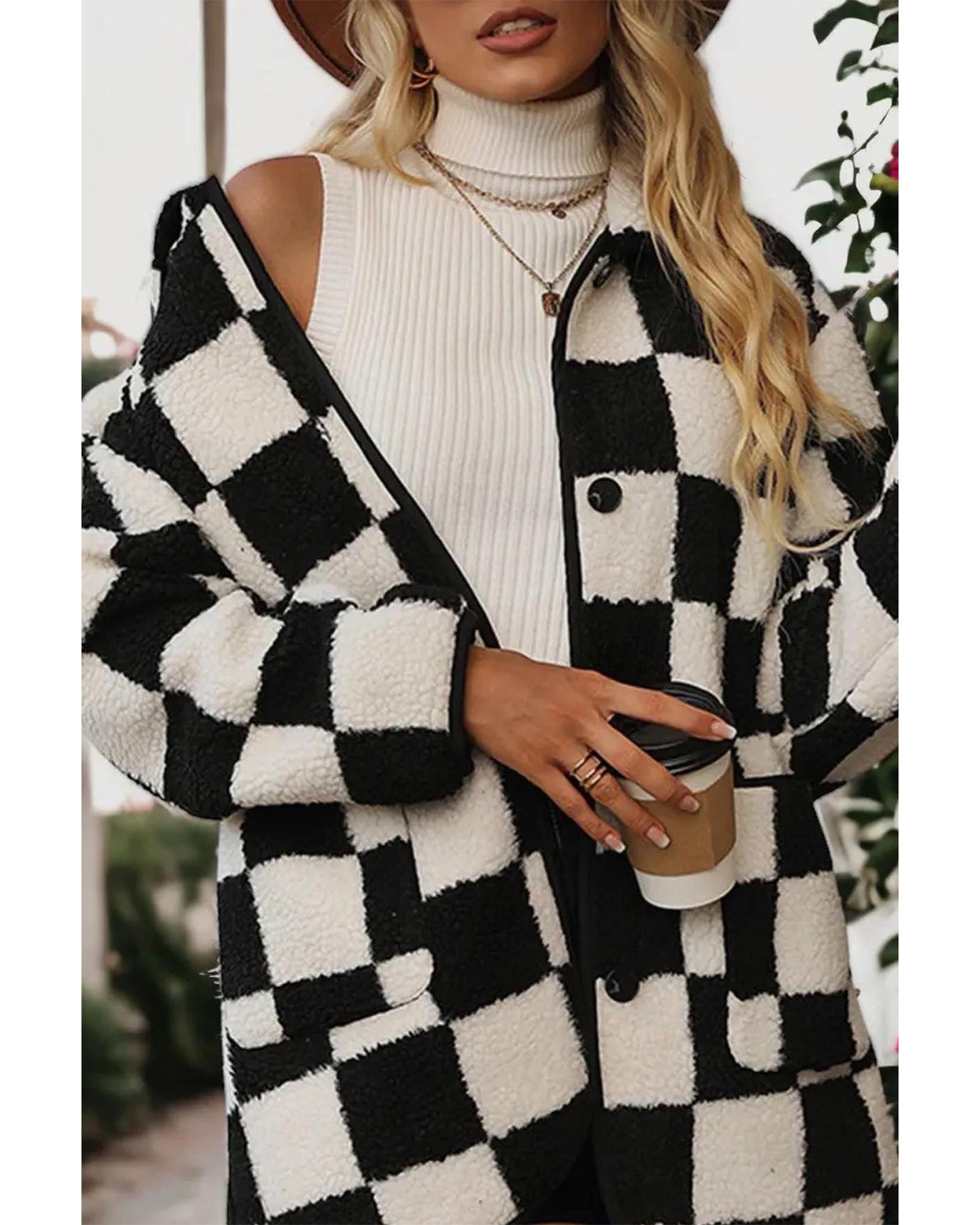 Black Checkered Side Pockets Collared Buttoned Fleece Jacket - S