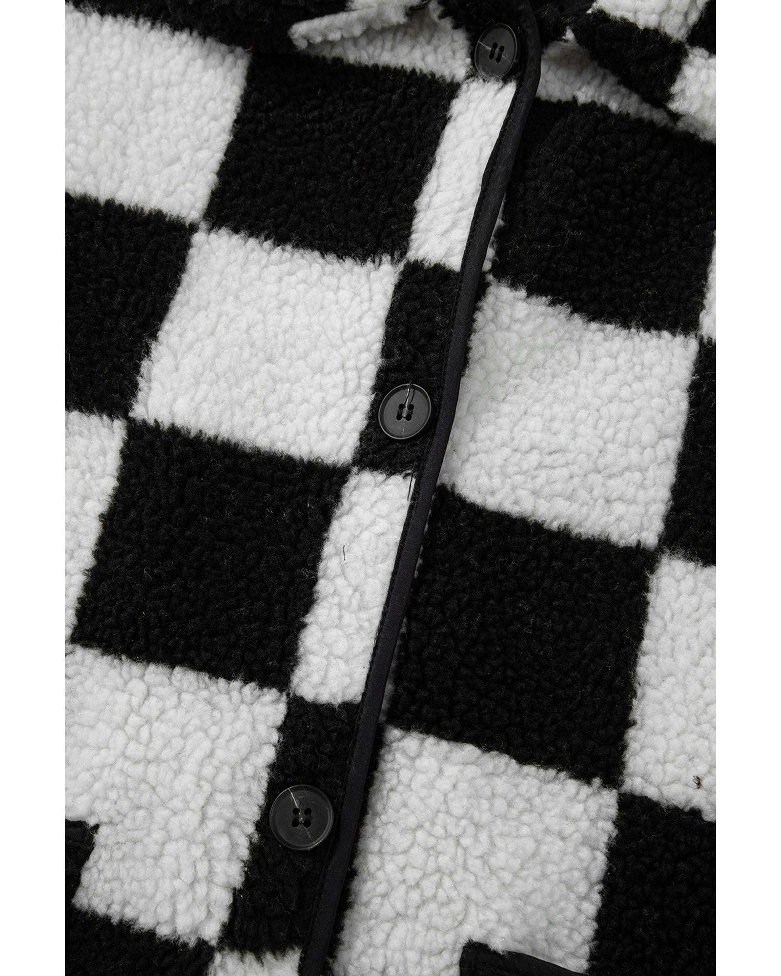 Black Checkered Side Pockets Collared Buttoned Fleece Jacket - XL
