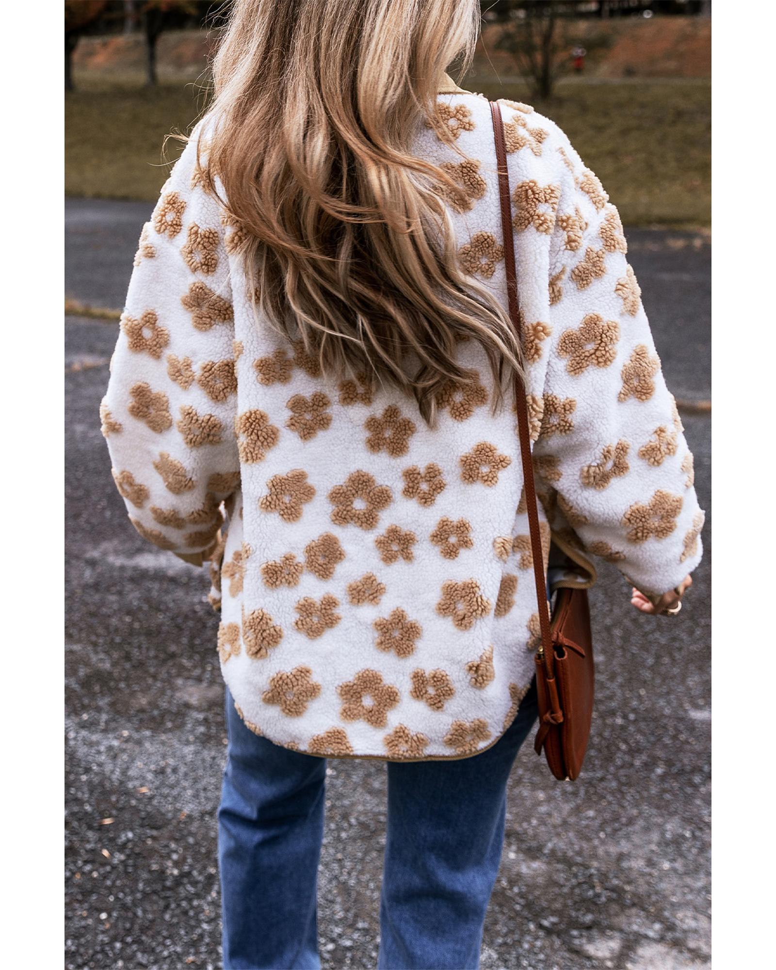 Light French Beige Cute Flower Pattern Button Up Fleece Jacket - L
