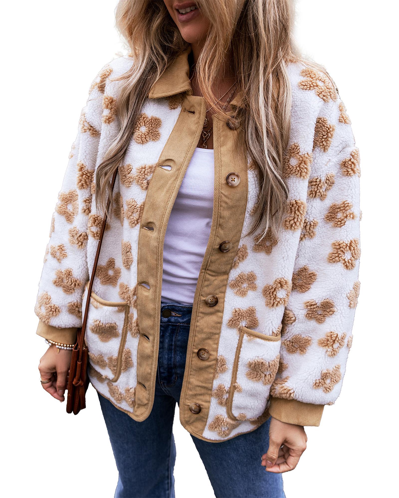 Light French Beige Cute Flower Pattern Button Up Fleece Jacket - M