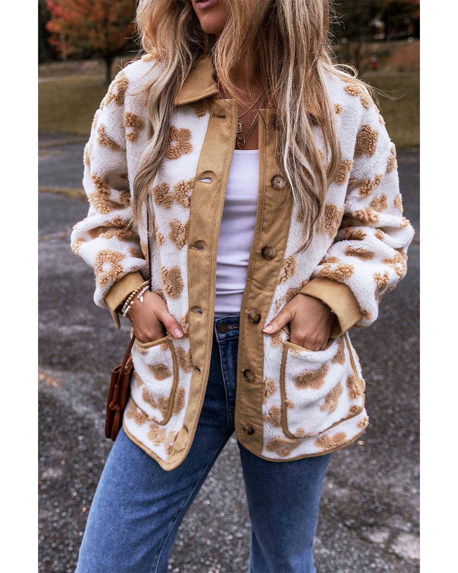 Light French Beige Cute Flower Pattern Button Up Fleece Jacket - S