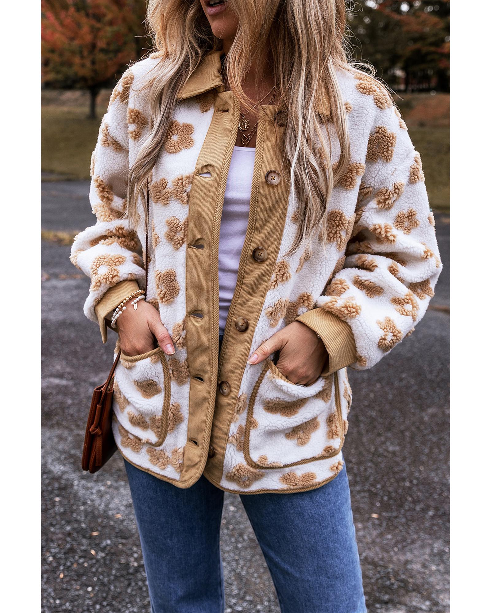 Light French Beige Cute Flower Pattern Button Up Fleece Jacket - S