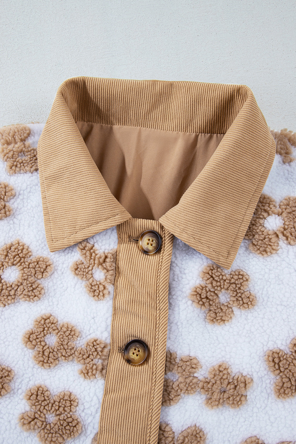 Light French Beige Cute Flower Pattern Button Up Fleece Jacket - S