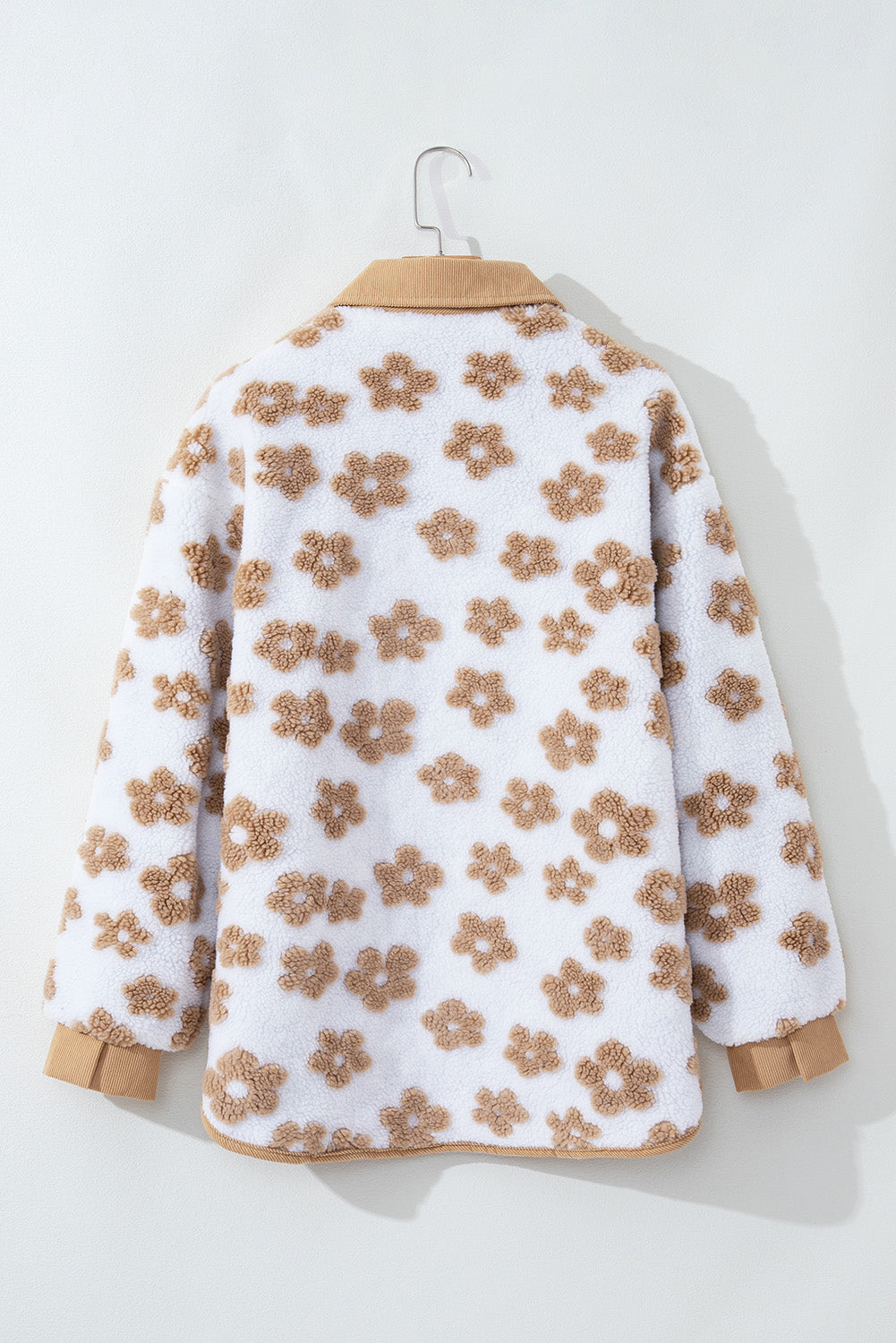 Light French Beige Cute Flower Pattern Button Up Fleece Jacket - XL