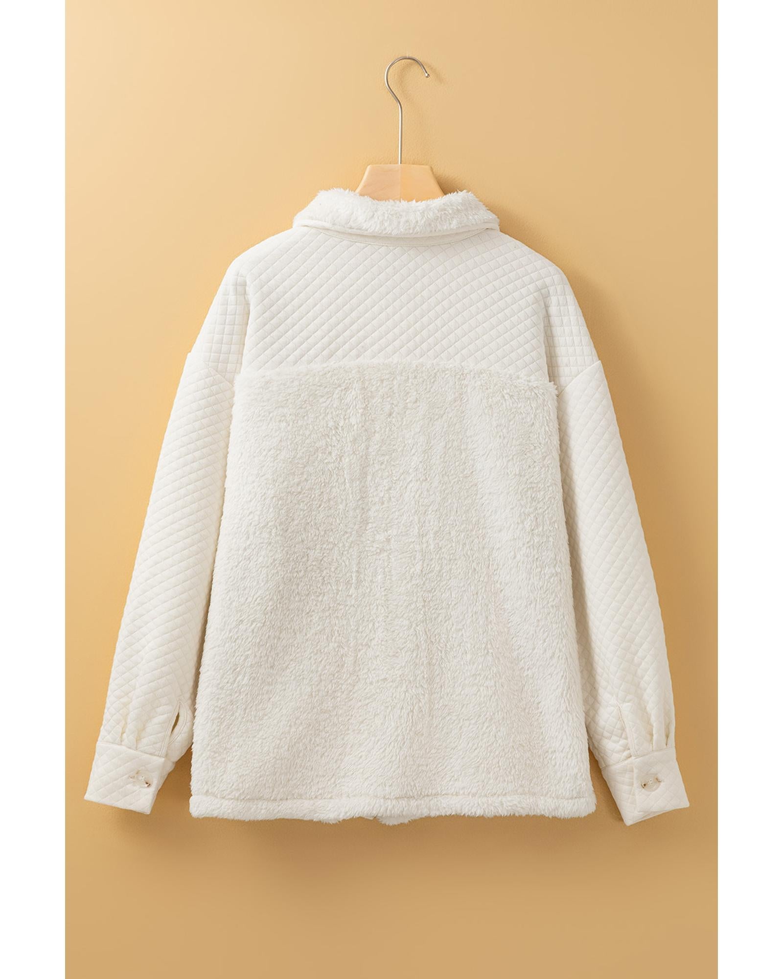 White Solid Color Quilted Sherpa Patchwork Button Up Shacket - M