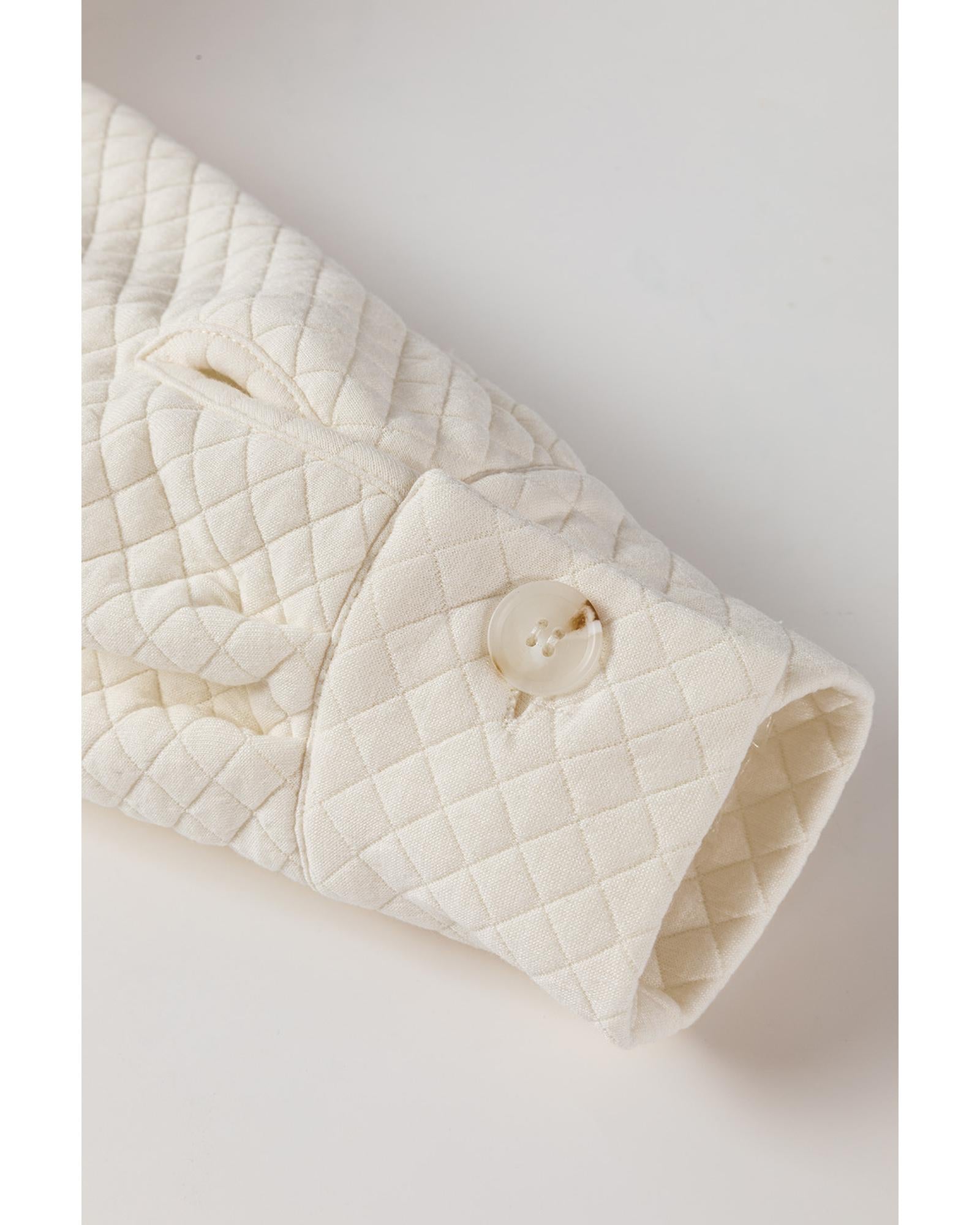 White Solid Color Quilted Sherpa Patchwork Button Up Shacket - M