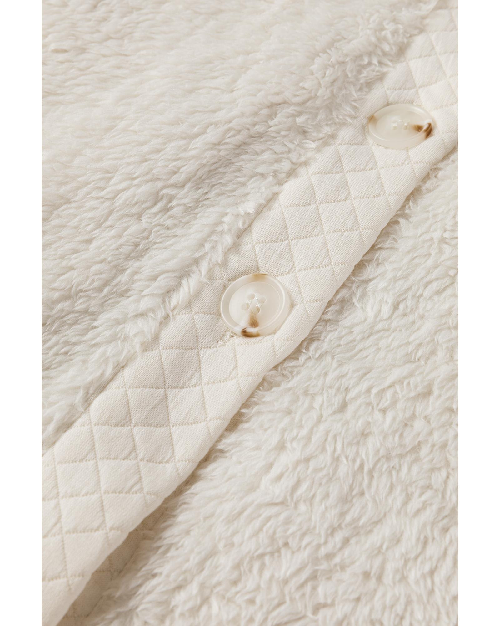 White Solid Color Quilted Sherpa Patchwork Button Up Shacket - M