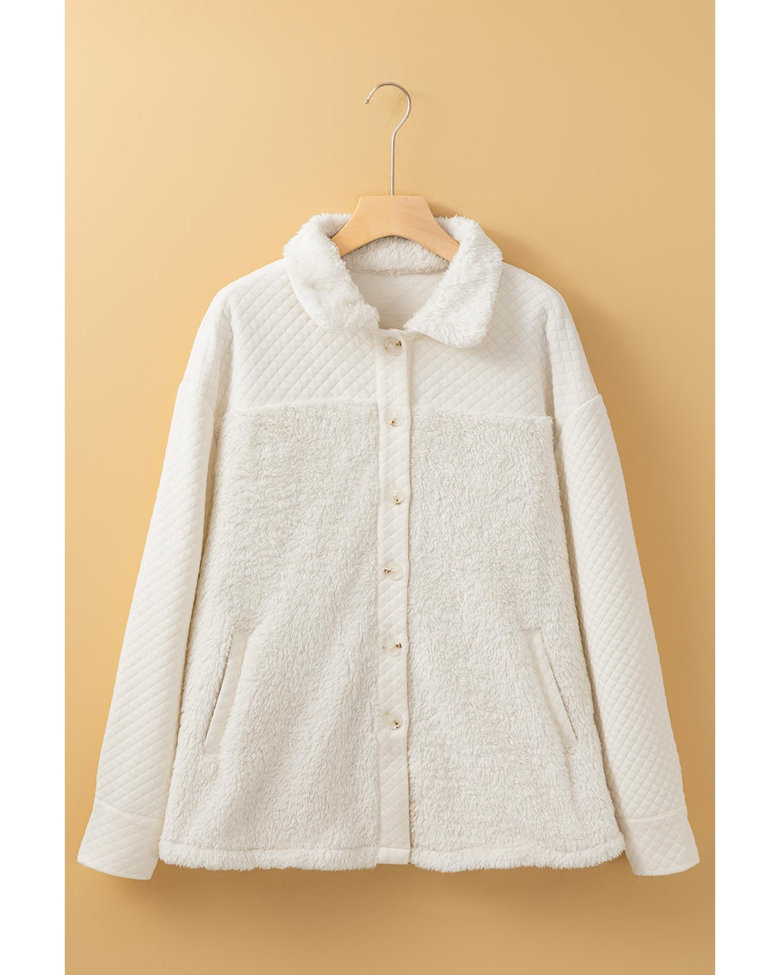 White Solid Color Quilted Sherpa Patchwork Button Up Shacket - XL