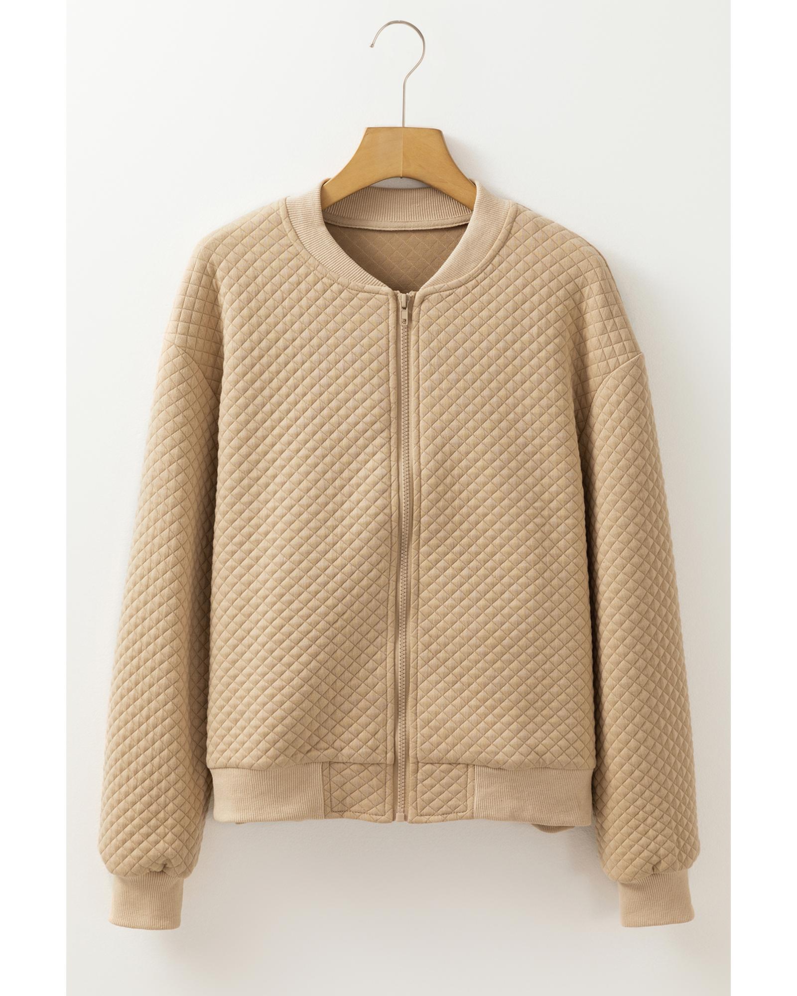 Pale Khaki Solid Geometric Textured Baseball Collar Jacket - L
