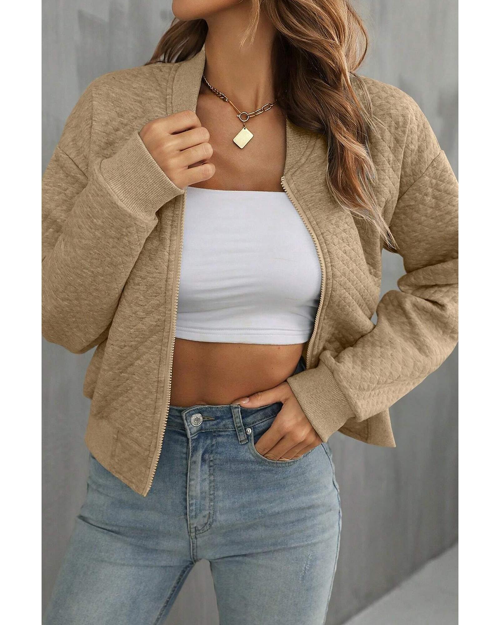 Pale Khaki Solid Geometric Textured Baseball Collar Jacket - M