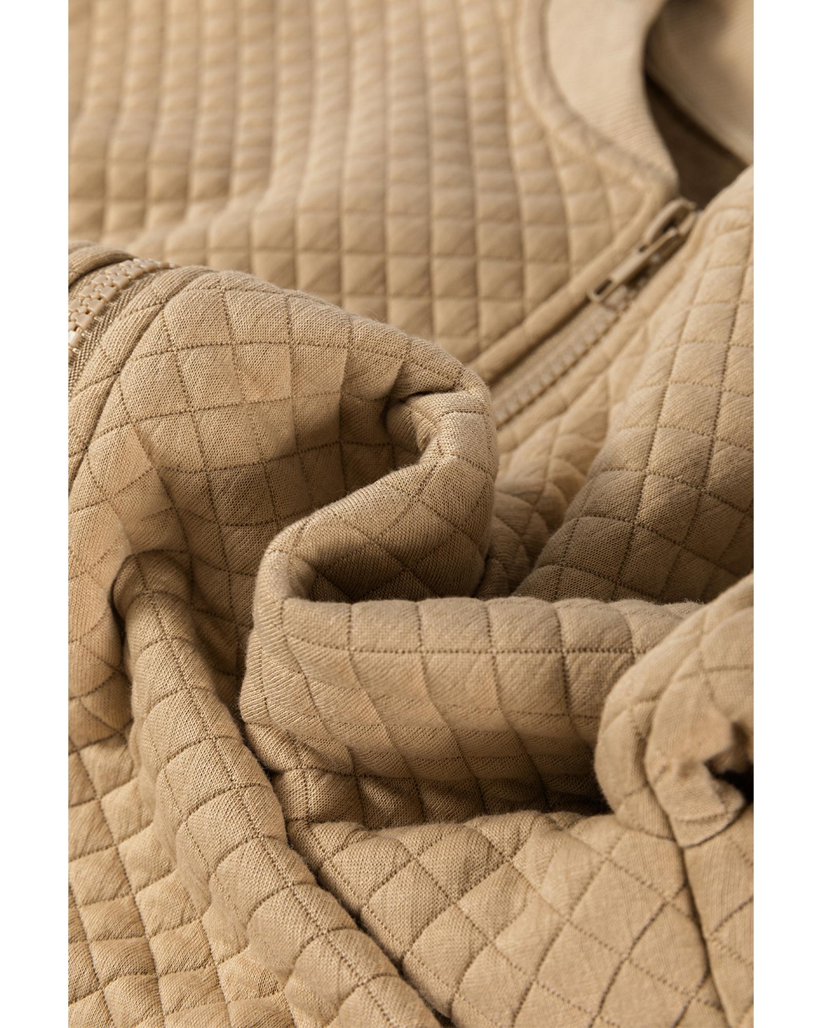 Pale Khaki Solid Geometric Textured Baseball Collar Jacket - M