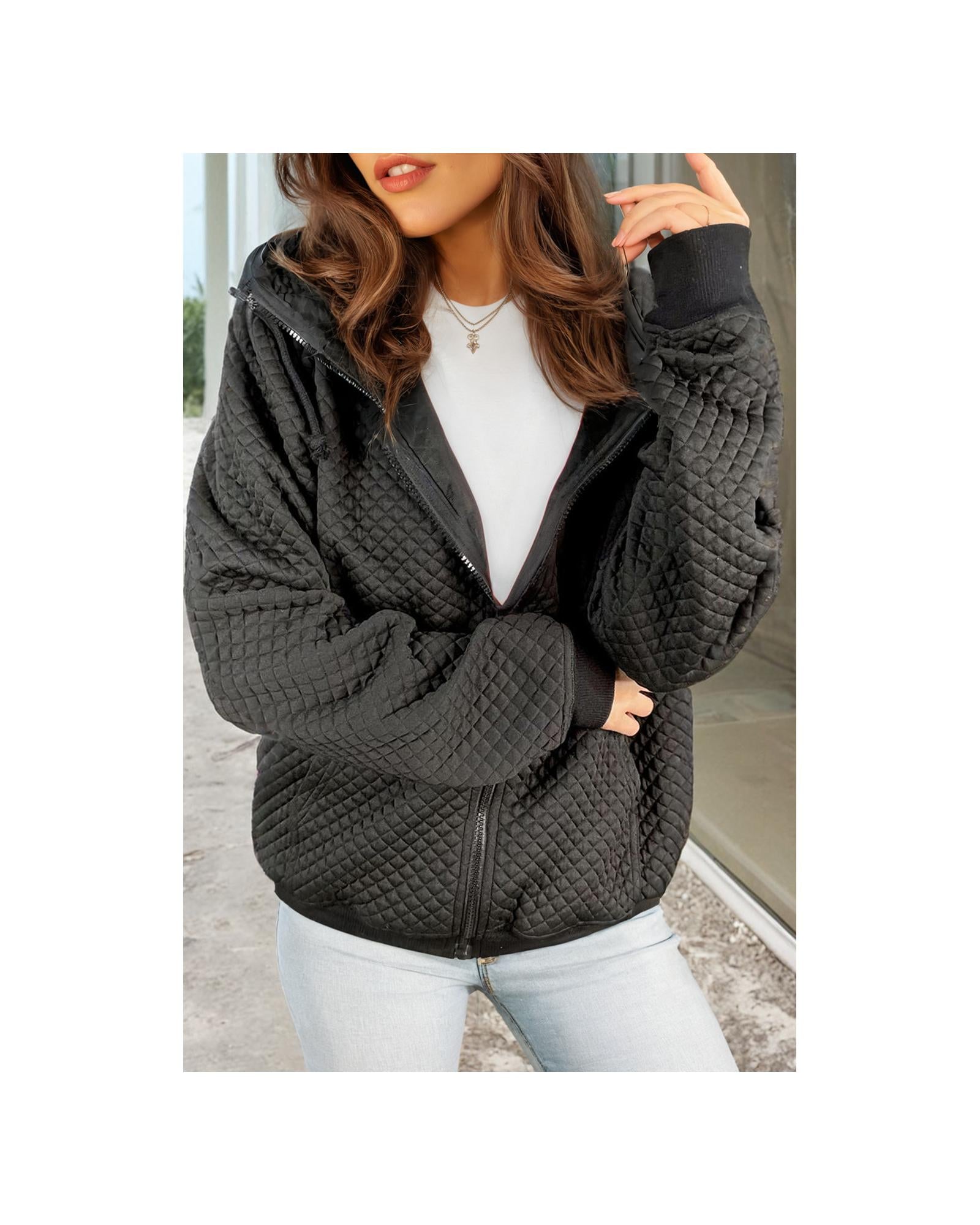 Black Quilted Side Pockets Zipper Hooded Jacket - L