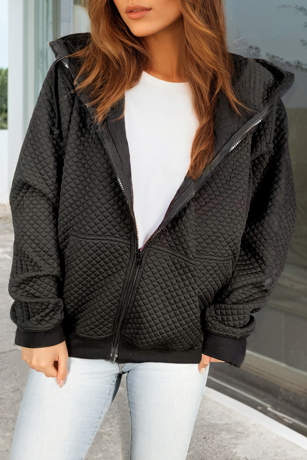 Black Quilted Side Pockets Zipper Hooded Jacket - S