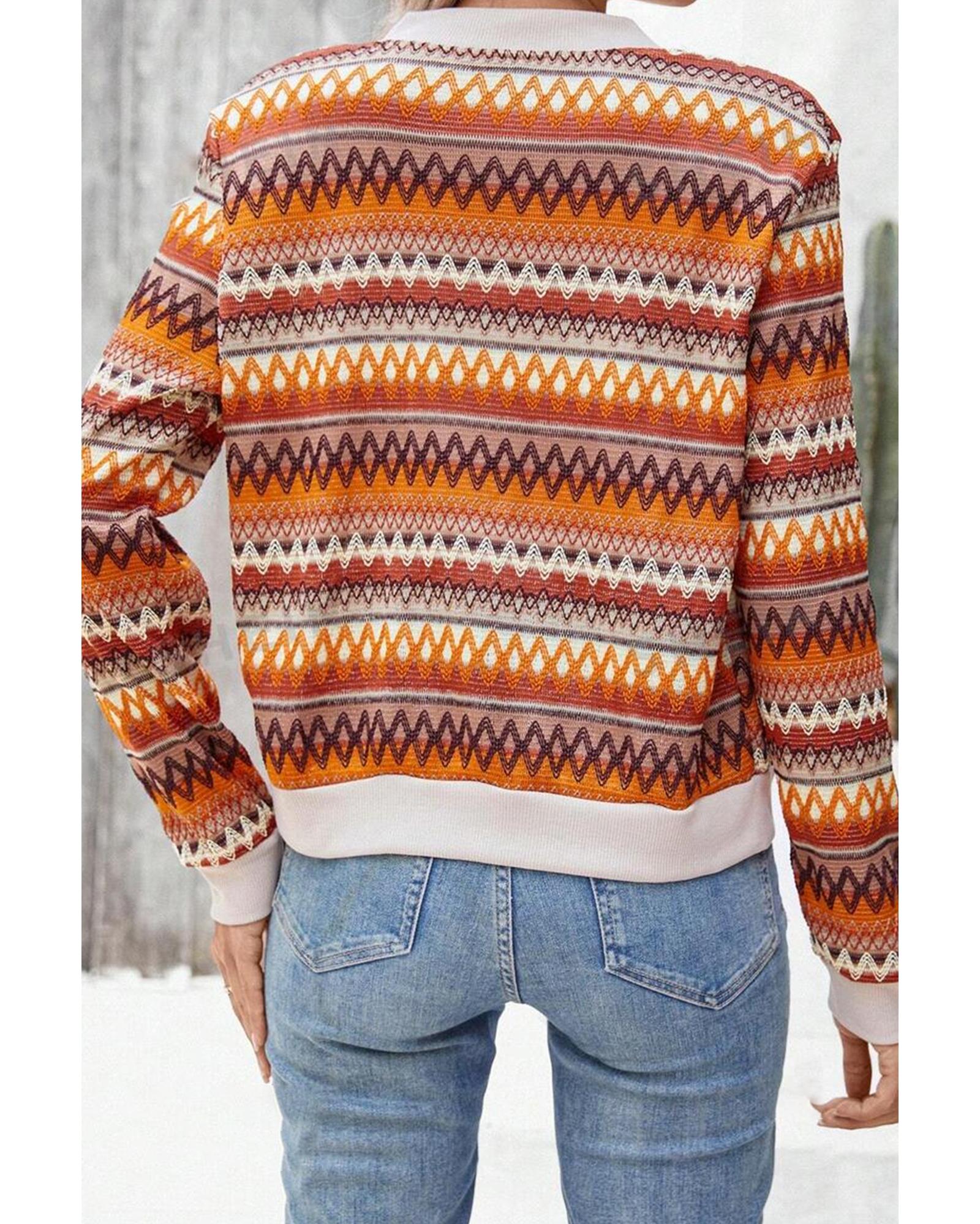 Orange Boho Striped Zip Up Long Sleeve Jacket - L