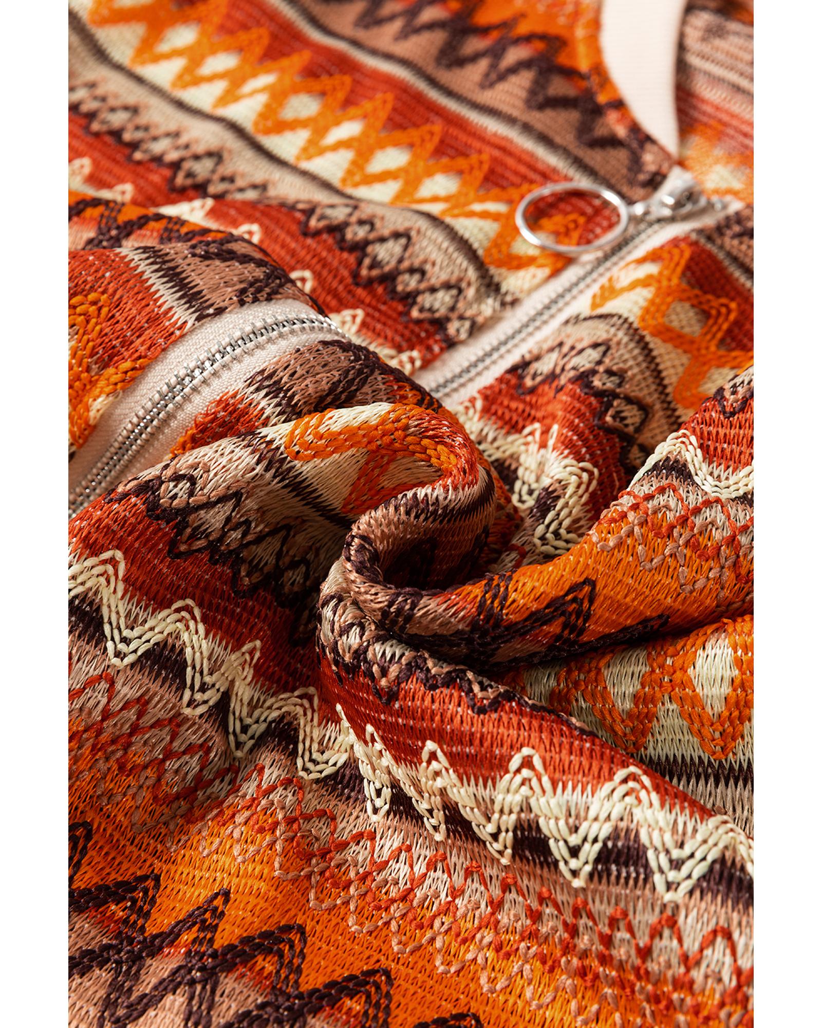 Orange Boho Striped Zip Up Long Sleeve Jacket - L