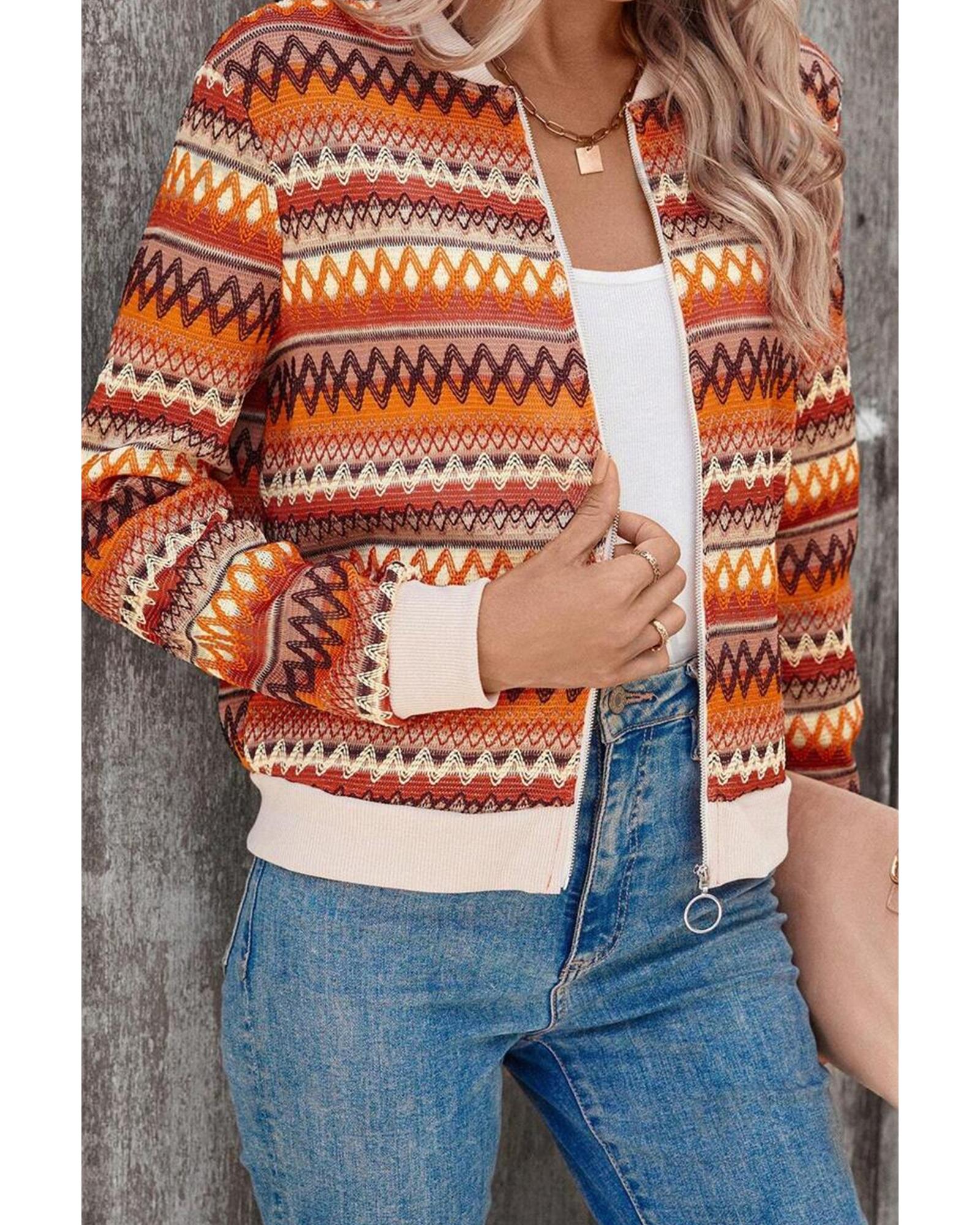 Orange Boho Striped Zip Up Long Sleeve Jacket - L