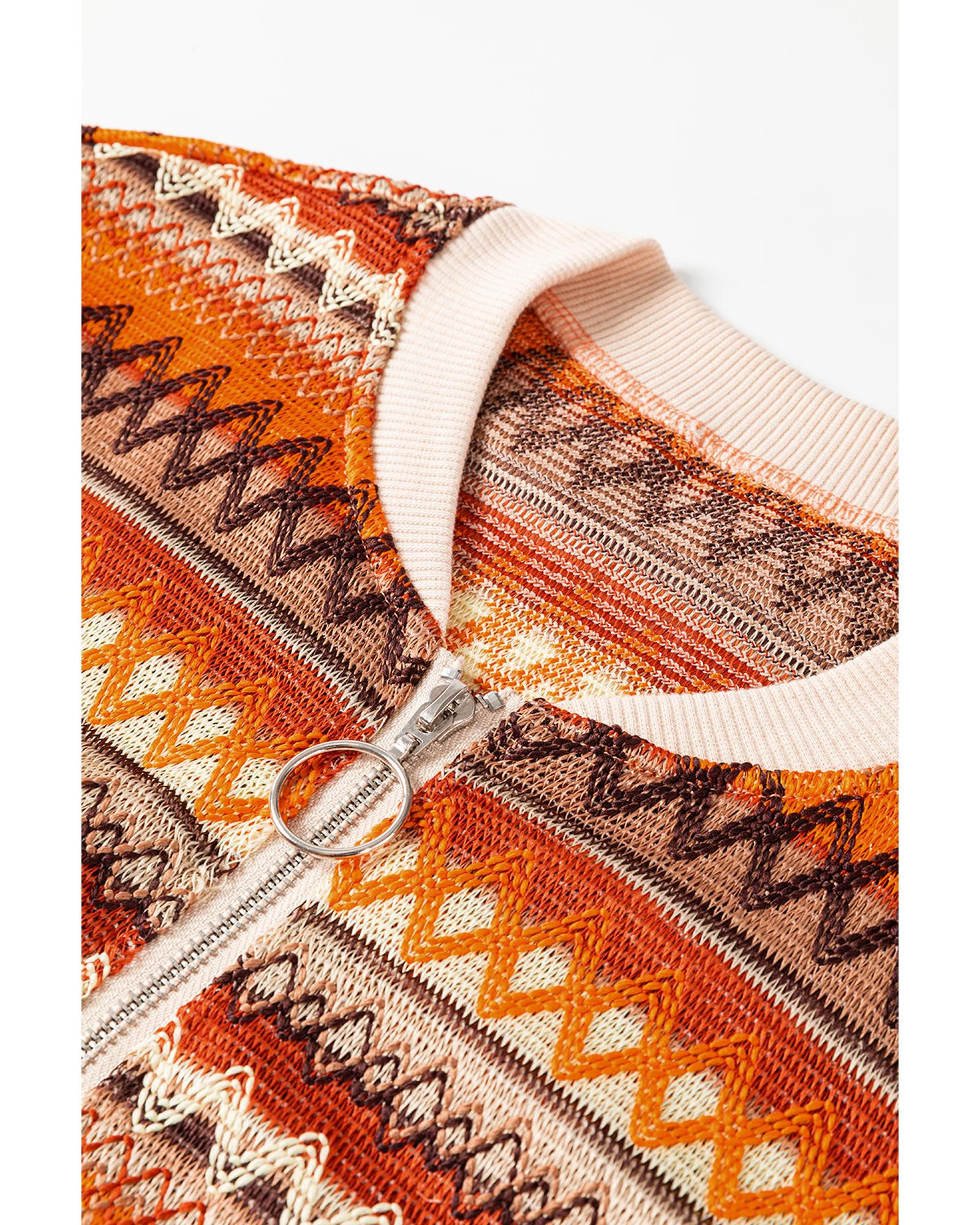 Orange Boho Striped Zip Up Long Sleeve Jacket - S