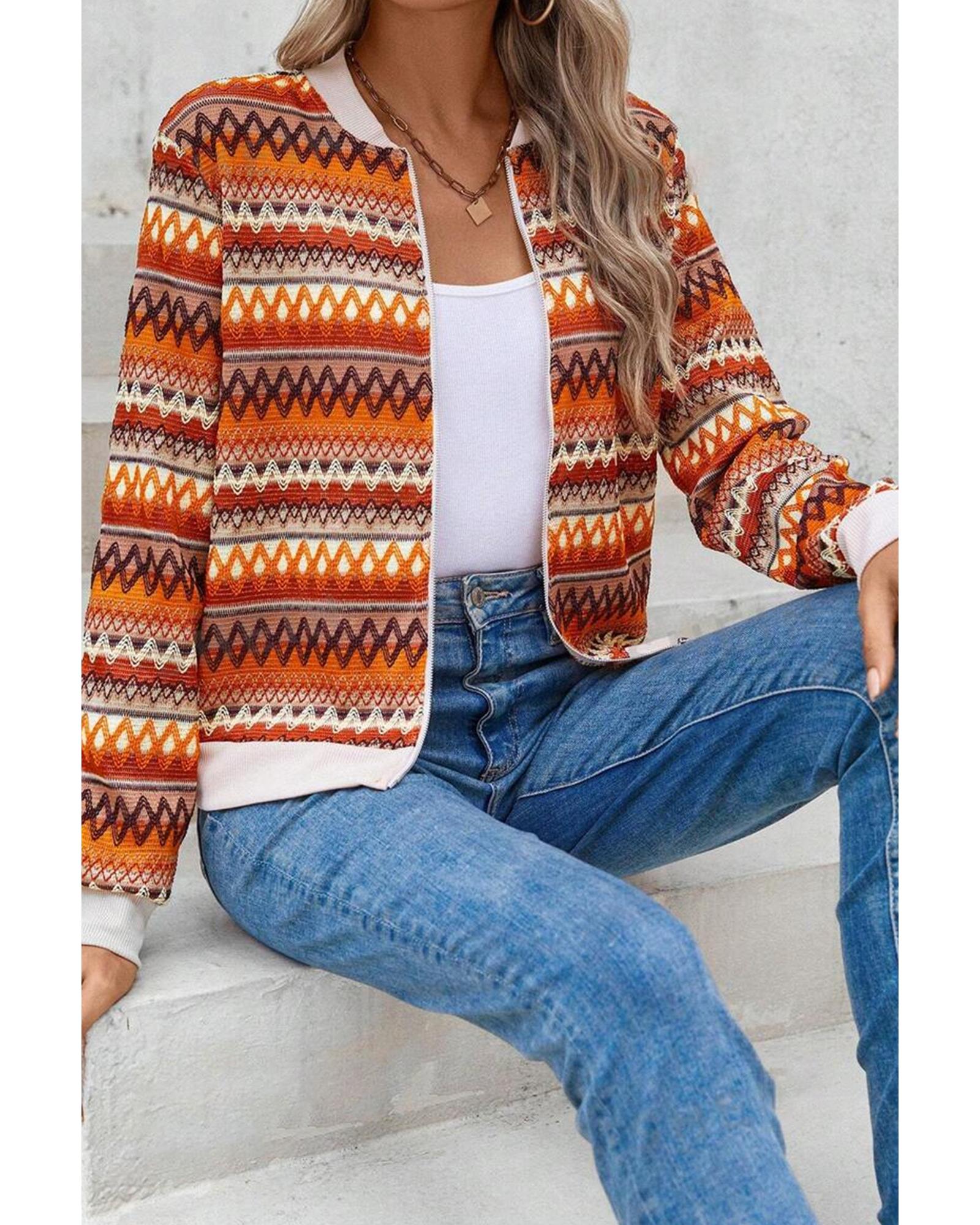 Orange Boho Striped Zip Up Long Sleeve Jacket - XL