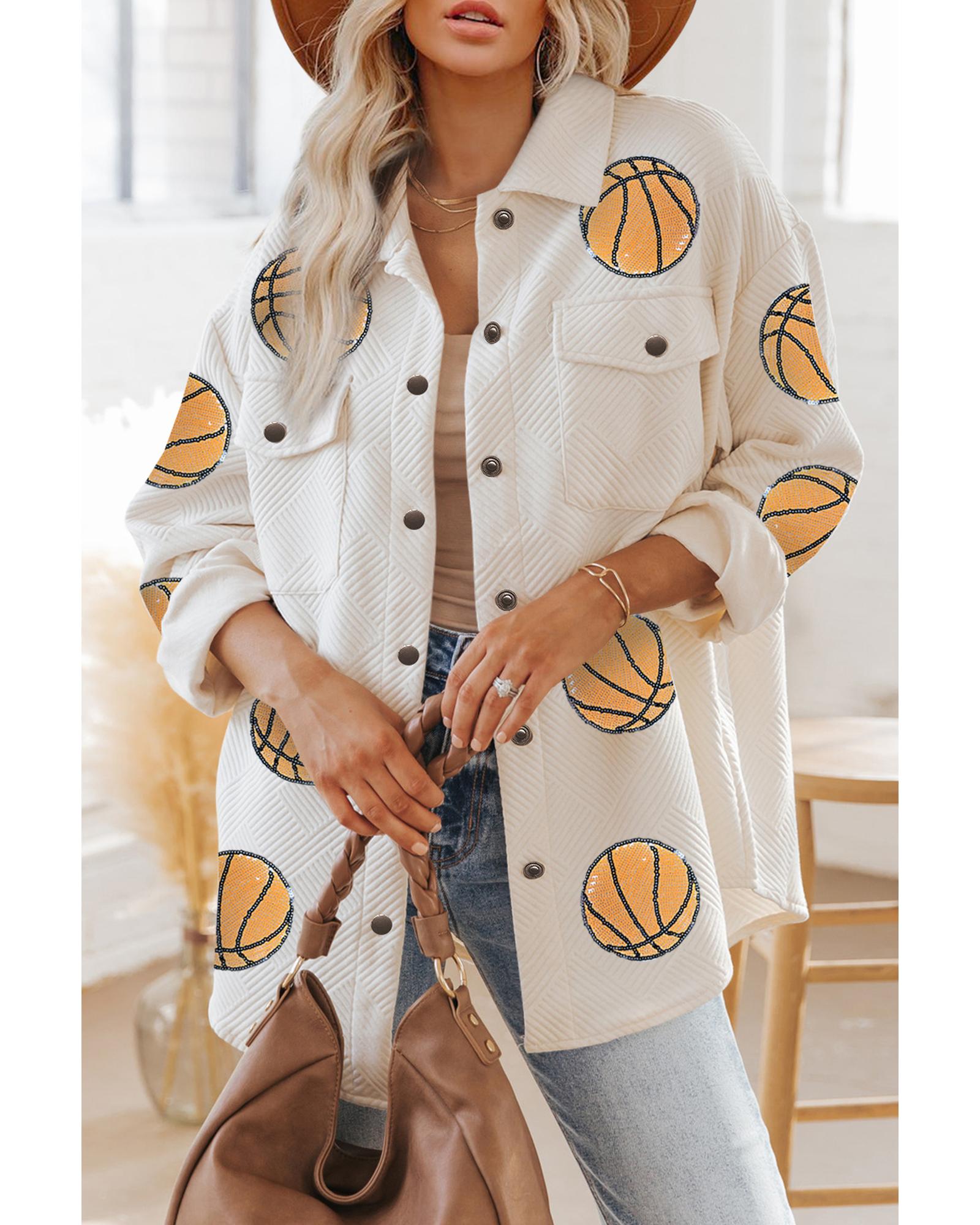 Beige Sequin Basketball Graphic Textured Snap Button Shacket - XL
