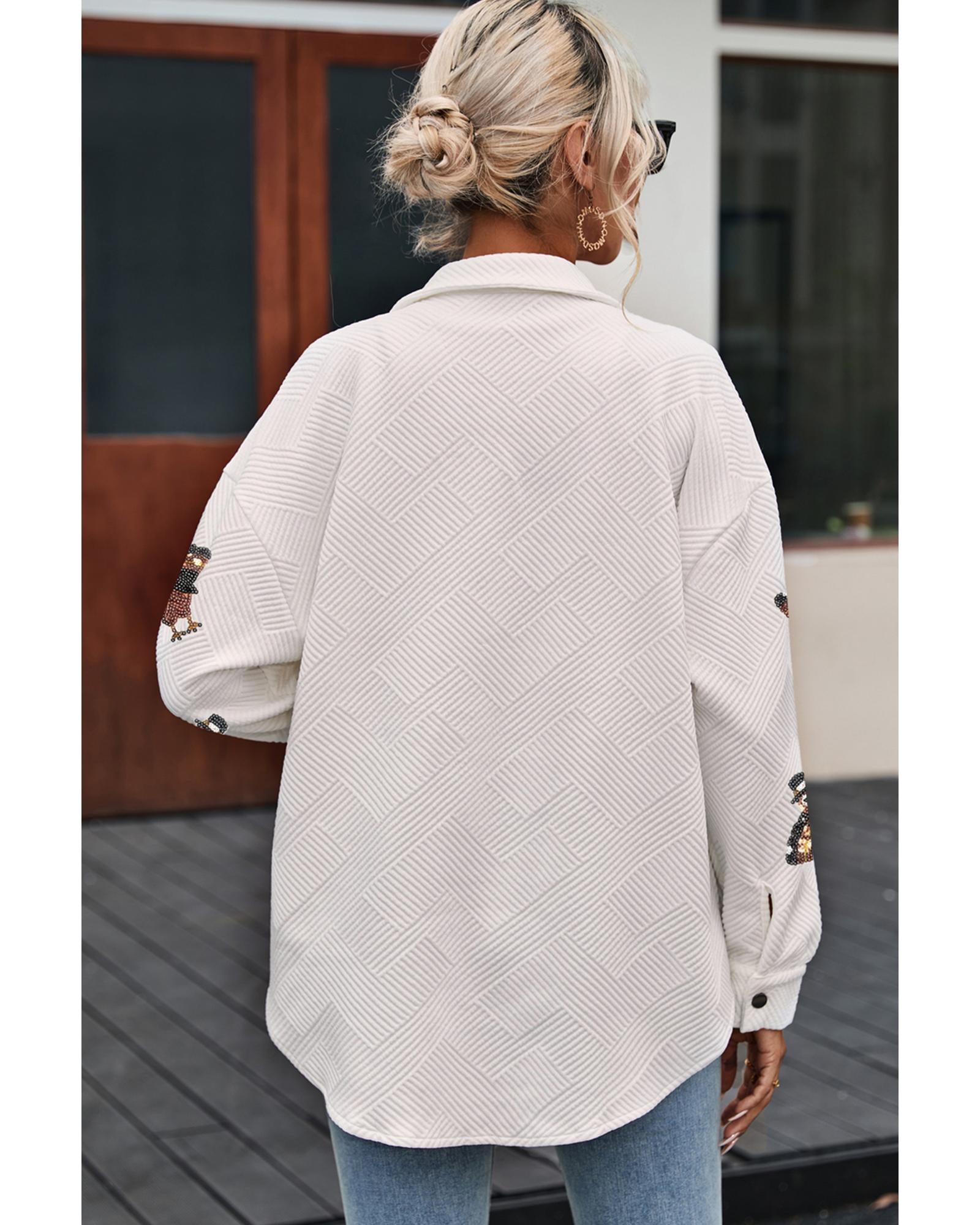 Beige Sequin Turkey Patched Graphic Flap Pocket Textured Shacket - XL